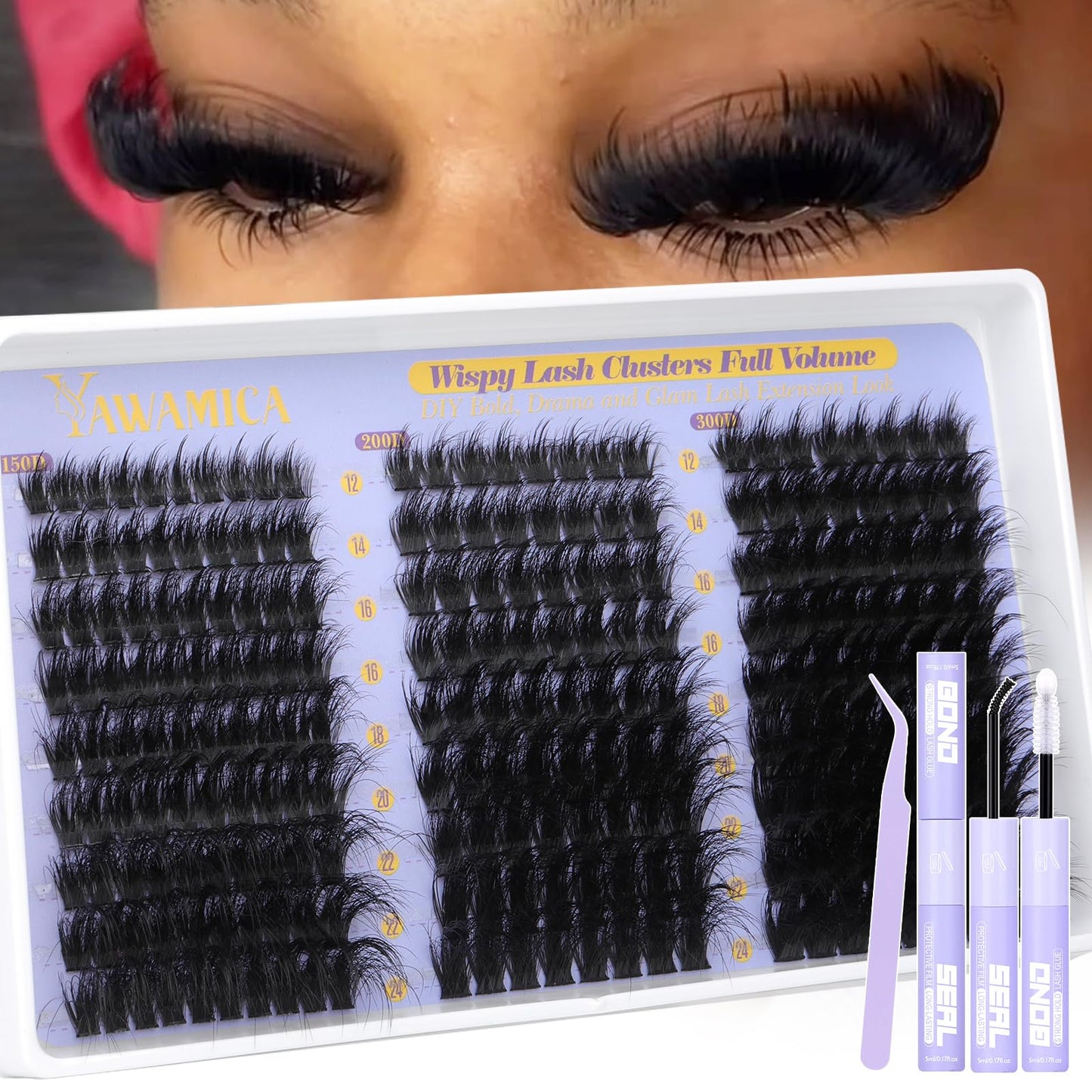 Fluffy Lash Clusters Kit 150D+200D+300D Thick Volume Cluster Eyelash Extensions 12-25mm Dramatic Long Eyelash Clusters Kit Wispy D Curl Cluster Lashes with Bond and Seal Lash Tweezers by Yawamica