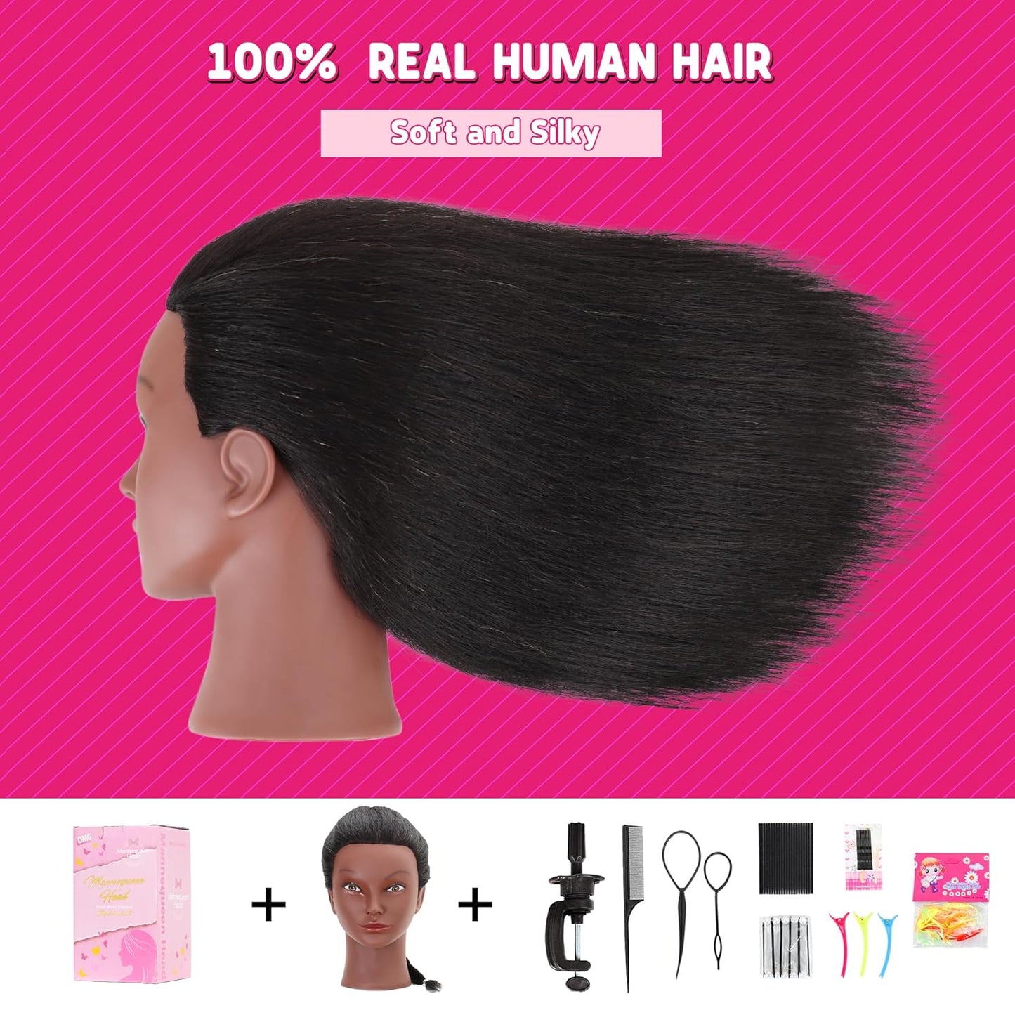 Mannequin Head with Human Hair - 14" Cosmetology Manikin for Hair Styling & Braiding Practice | Includes Clamp Holder