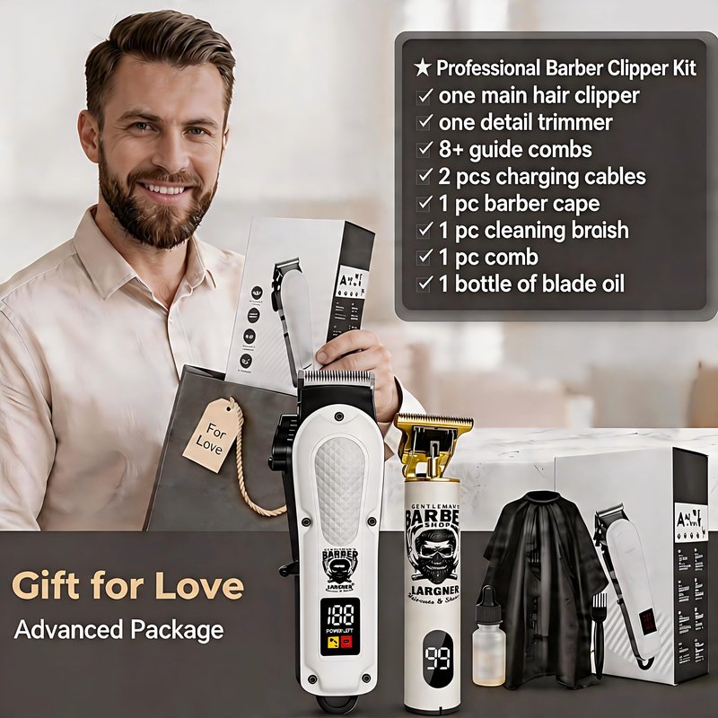 LARGNERSHAVER Hair Clippers for Men, Clippers and Trimmers Set, Barber Clippers, Electric Hair Trimmer with Box, Gifts for Men (White-2in1)