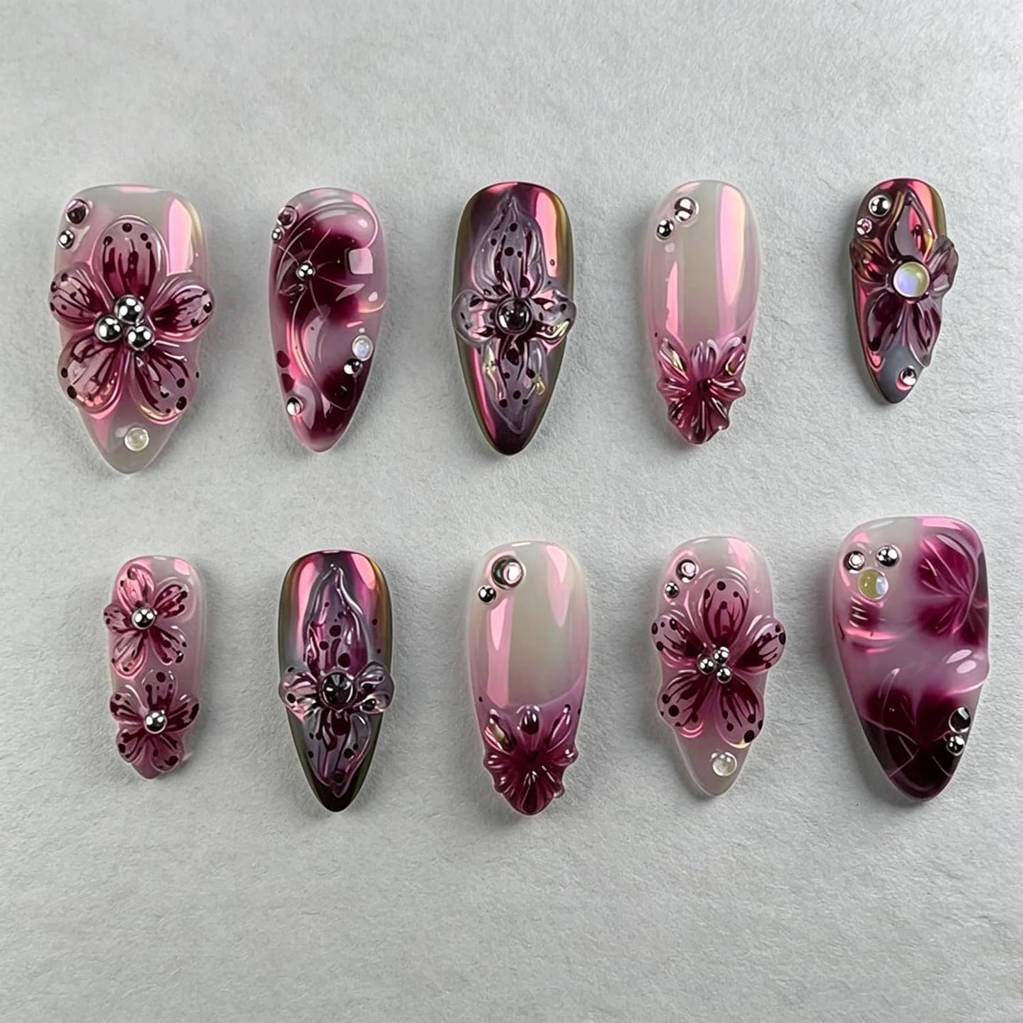 Almond Press-On Nails Set - 30Pcs 3D Pink Flower & Gold Beads | Reusable Floral Design for Beach Vacation