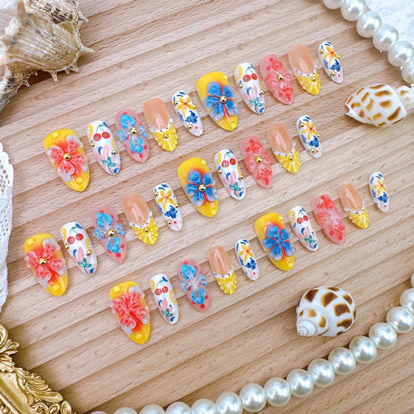 30Pcs Summer Press-On Nails - Medium Almond 3D Lemon French Tip Acrylic Nails | Full Cover Floral Design