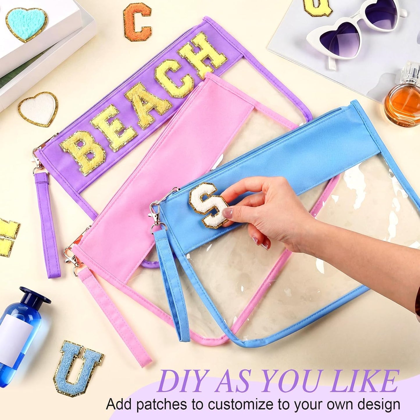 Clear Flat Zipper Pouches Set - 3 Pcs Waterproof Nylon Makeup & Snack Bags | Portable Travel Organizers (Pink, Blue, Purple)