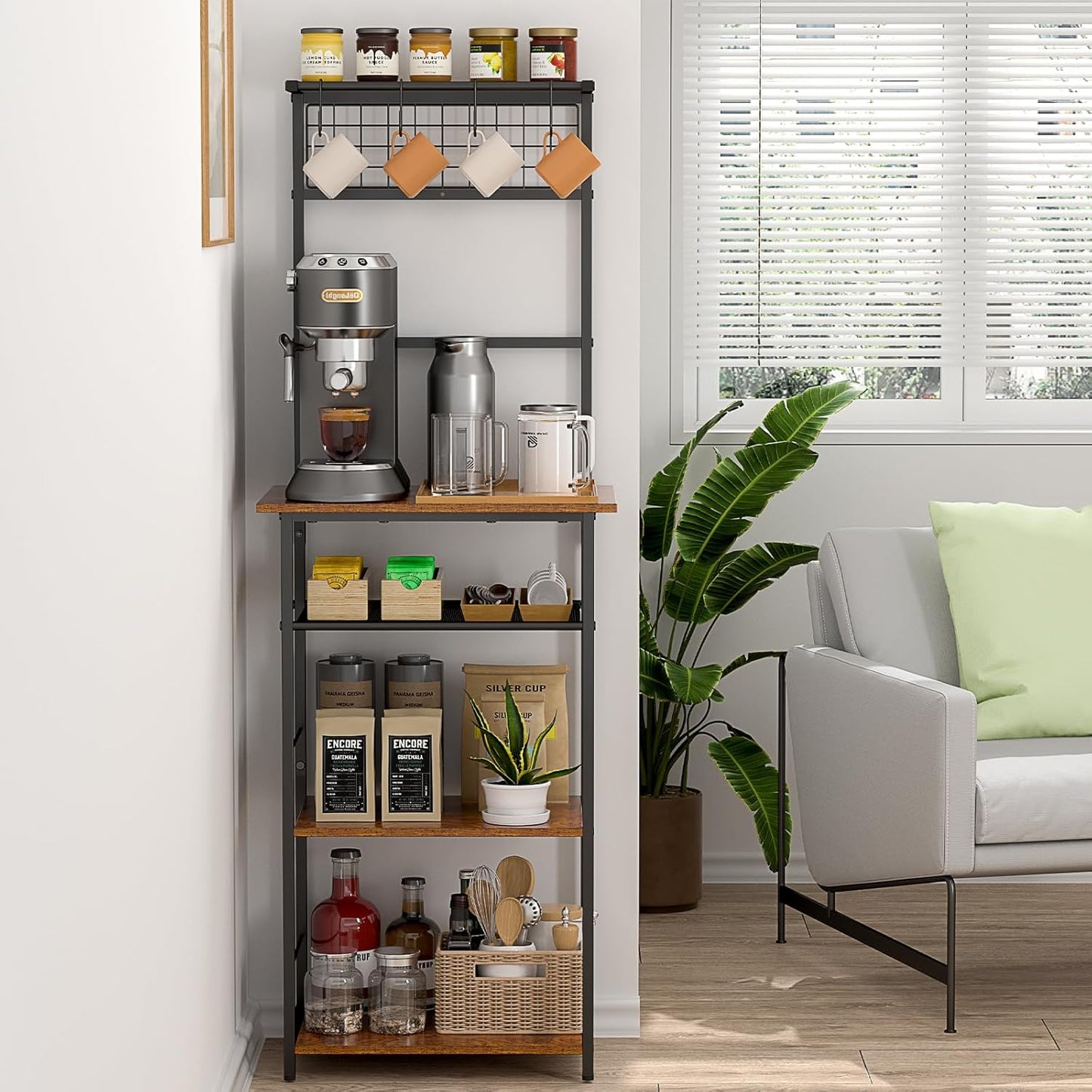 5 Tier Coffee Bar Station - Farmhouse Kitchen Stand with 4 Hooks | Space-Saving Cabinet for Small Areas, 13.43"D x 18.93"W x 53.31"H