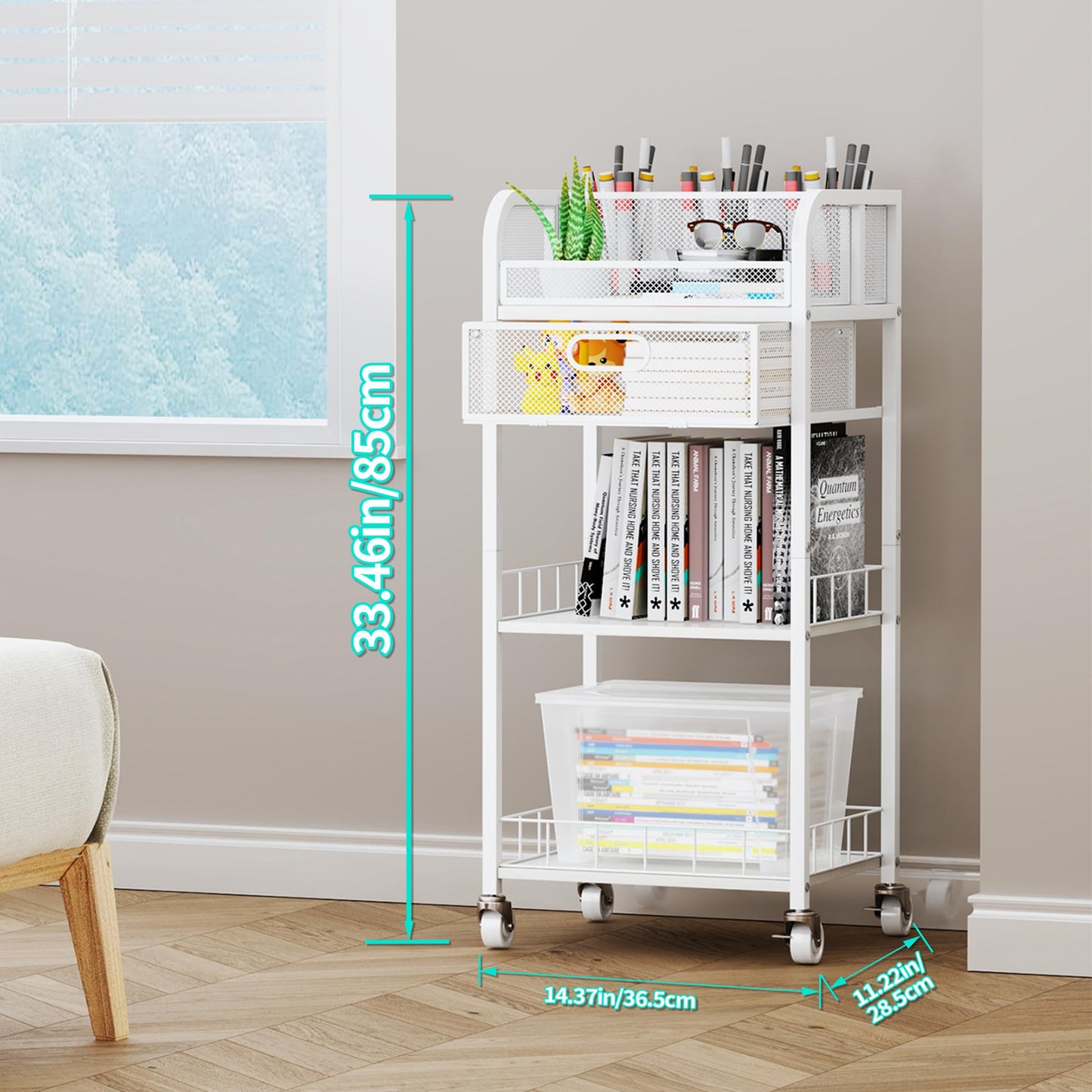 HapiRm Makeup Organizer Storage Cart - 4 Tier Skincare Make Up Storage with Drawer, Rolling Makeup Cart Vanity Organizer Cosmetics Display Cases Holder for Skin Care Perfume Nail Polish Brush