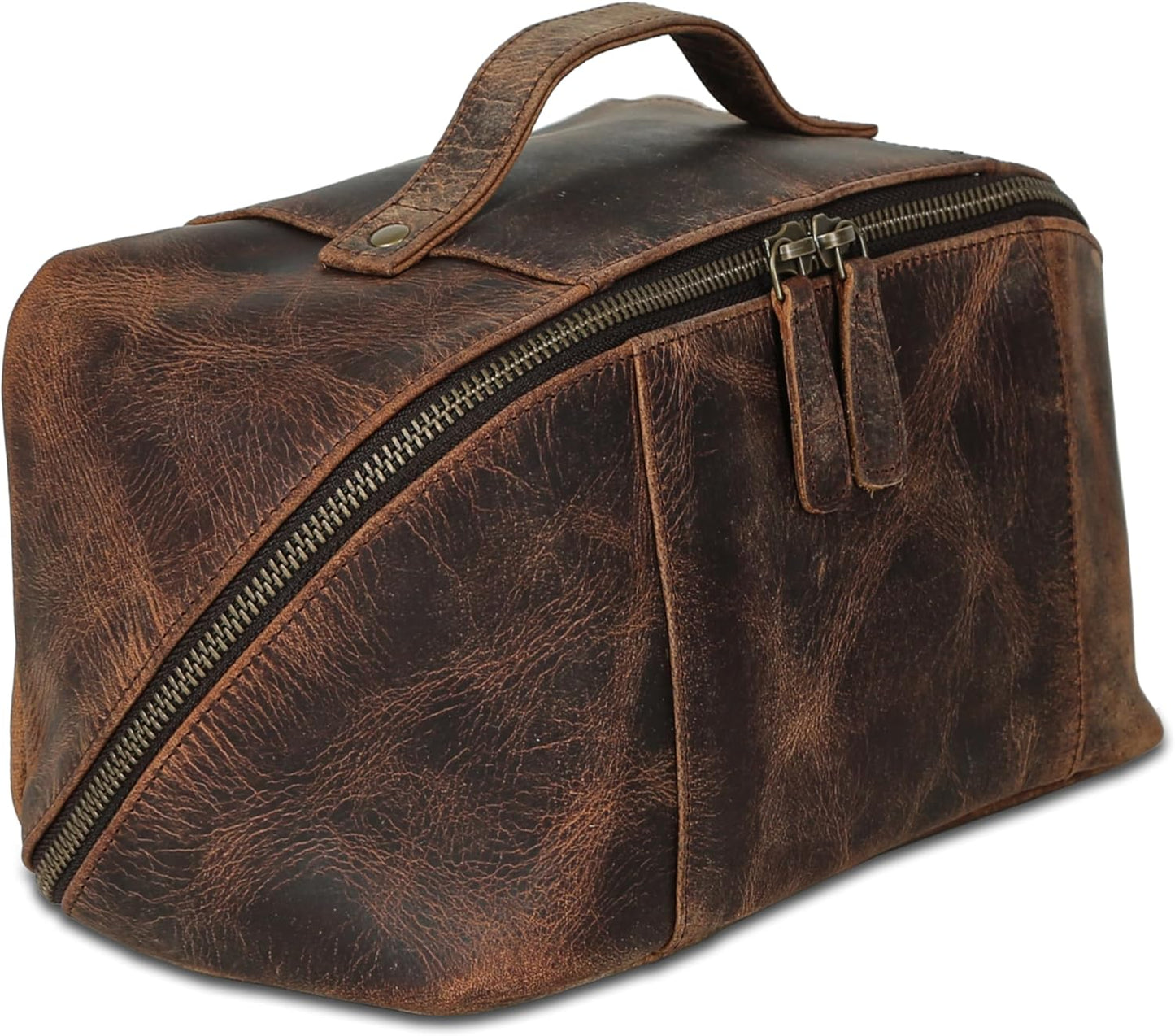 Luxury Leather Men's Toiletry Travel Bag - Handmade Waterproof Shaving Kit | Spacious Storage & Carry Handle (Dark Brown)