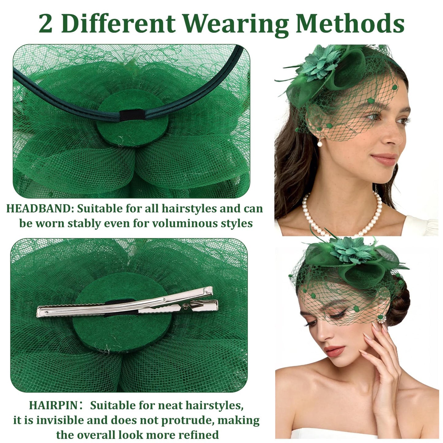 Semato Fascinators Hats for Women Mesh Feathers Elegant Green Tea Party Kentucky Hat Derby Headband with Hair Clip