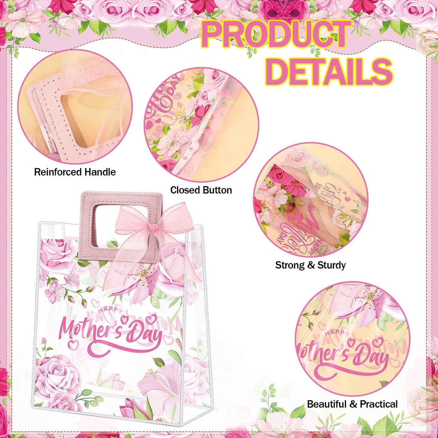 Blosssound 30 Pcs Mothers Day Gift Bags Bulk Medium Reusable Plastic Tote Bags with Handles & Ribbon 9x8x3 Inch Floral Mothers Day Party Favors Clear PVC Waterproof Wrap for Mom Grandma Gifts