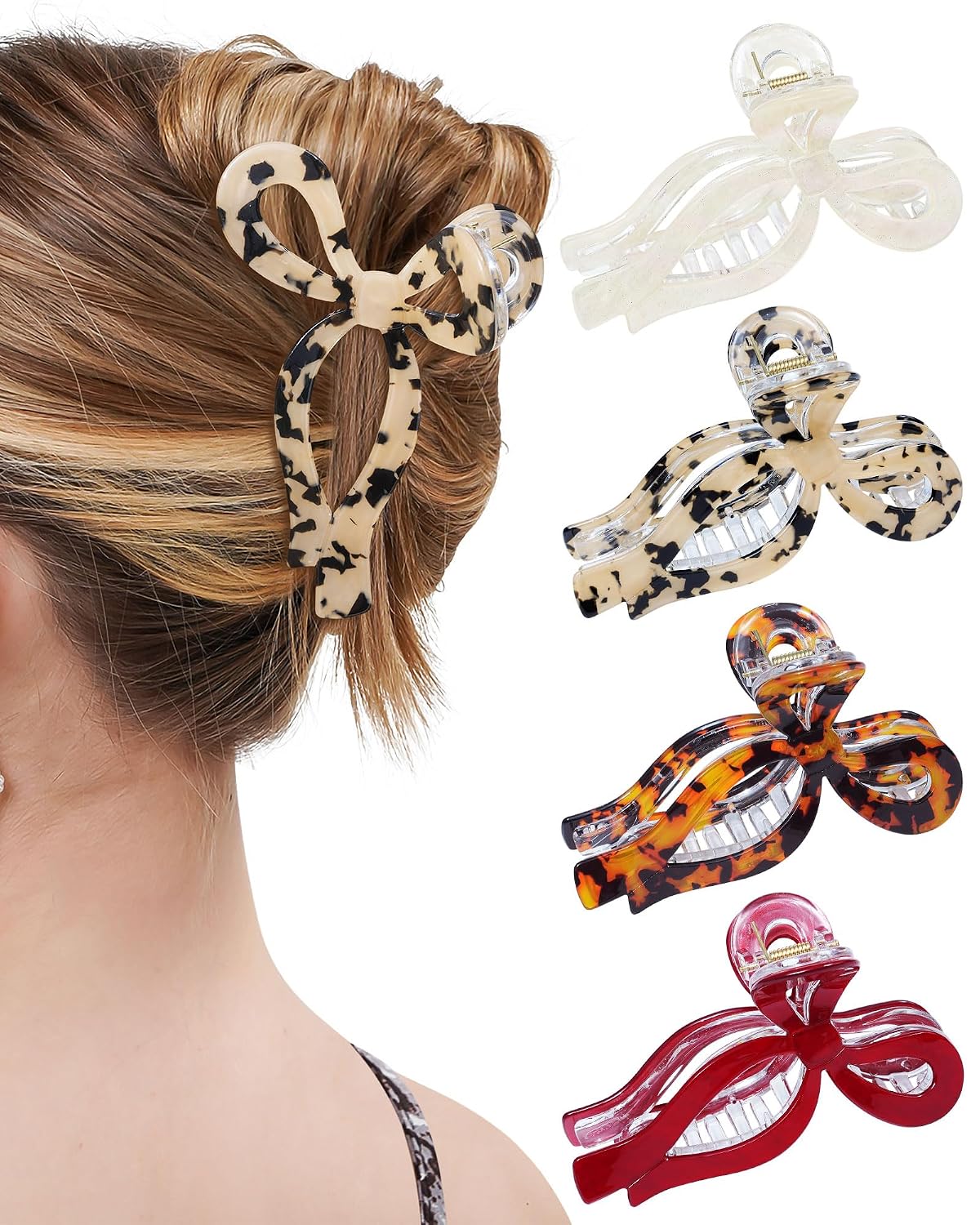 Bow Hair Claw Clips - 4 Pack Nonslip Large Grip for Women | Strong Hold Hair Jaw Clamps in Black, Burgundy, White, Red Polka Dots