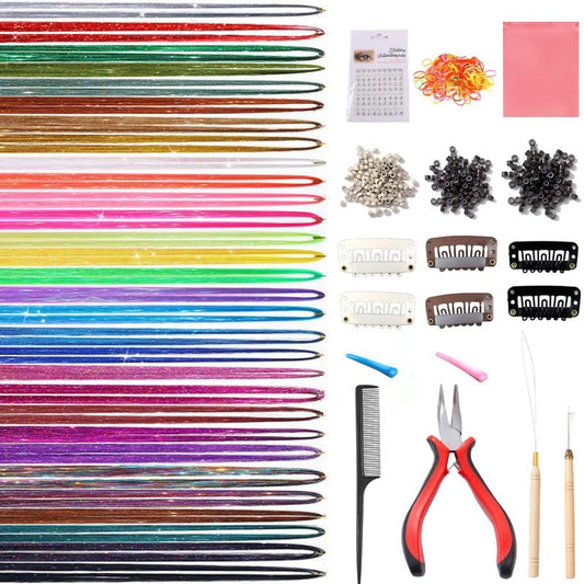 YTUONIG 30 Colors Hair Tinsel Extensions Kit,(48inch,9000 strands),Heat Resistant Colored Hair Glitter Tinsel for Girls, Women Fairy Hair New Year Party Halloween Festival Gift for Christmas Party