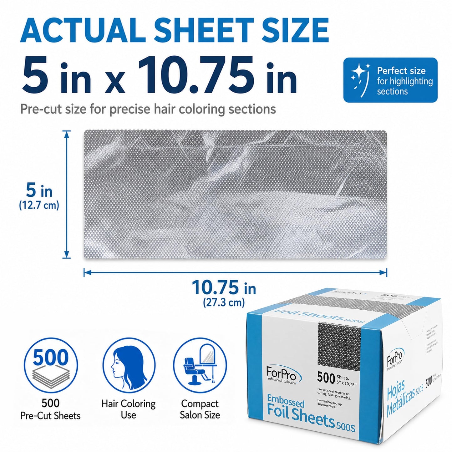 ForPro Professional Embossed Pop-Up Hair Foil Sheets for Salon Hair Color & Highlights, Pre-Cut Aluminum Foils, Non-Slip Embossed Texture, 5" W x 10.75" L, 500-Count