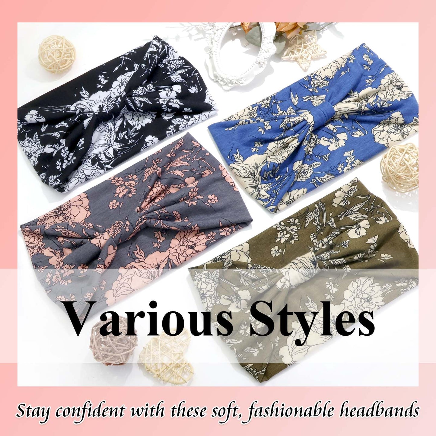 FARSYOD Boho Headbands For Women Wide Floral Hairbands Fashion Knotted Head Wraps Soft African Turban Band for Girls Ladies NonSlip Stretchy Workout Yoga Daily Life 4 Pack