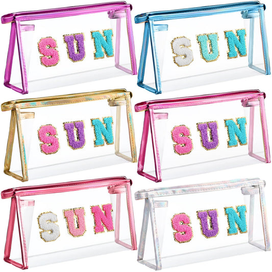 Weewooday 6 Pcs Clear Sunscreen Bag Preppy Patch SUN Makeup Bag Summer Essentials Clear Cosmetic Pouch Bulk Waterproof Toiletry Bags with Zipper for Women Summer Pool Travel Must Have Stuff