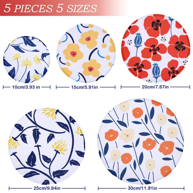 Revahope 5 Pieces Bowl Covers Reusable, 5 Size Stretch Cloth Covers for Bread Proofing Fabric Elastic Food Covers Washable for Food Fruits Leftover (Floral)