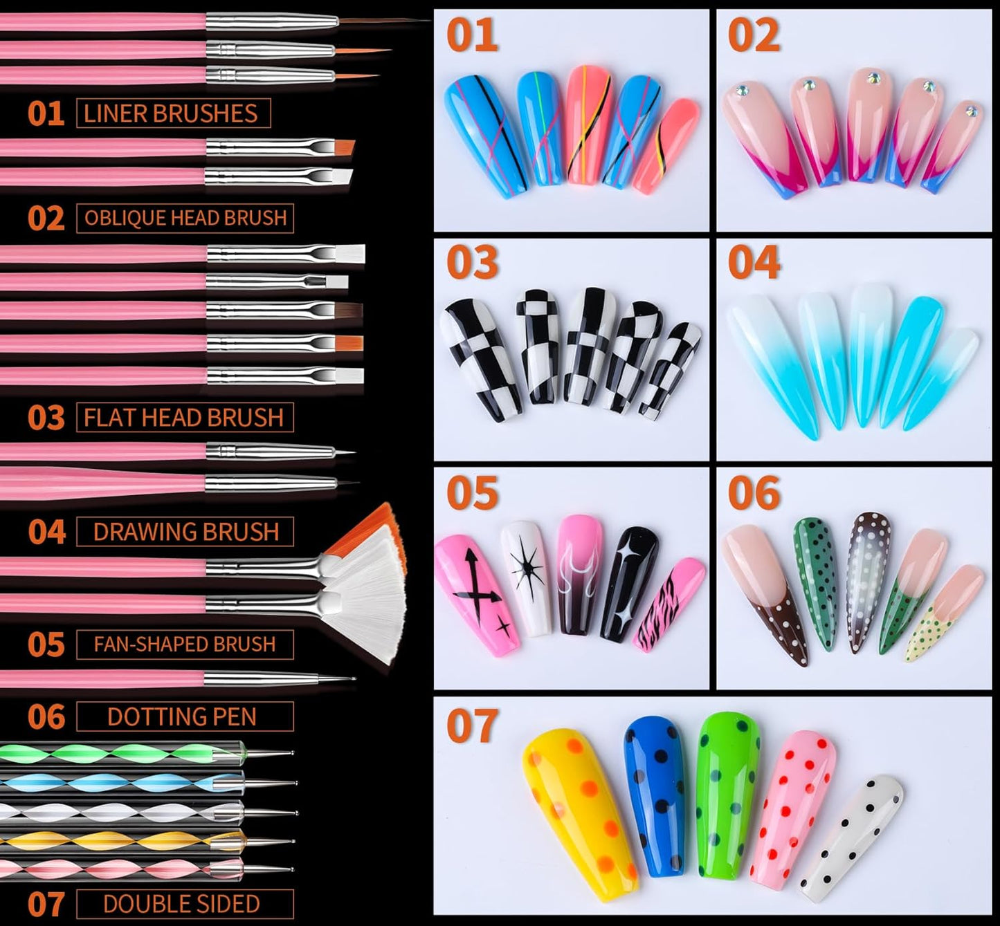 FANDAMEI Nail Art Kit - Complete Nail Design Tools with Brushes, Dotting Tool, Palette | Almond Gel Tips & Glue Set
