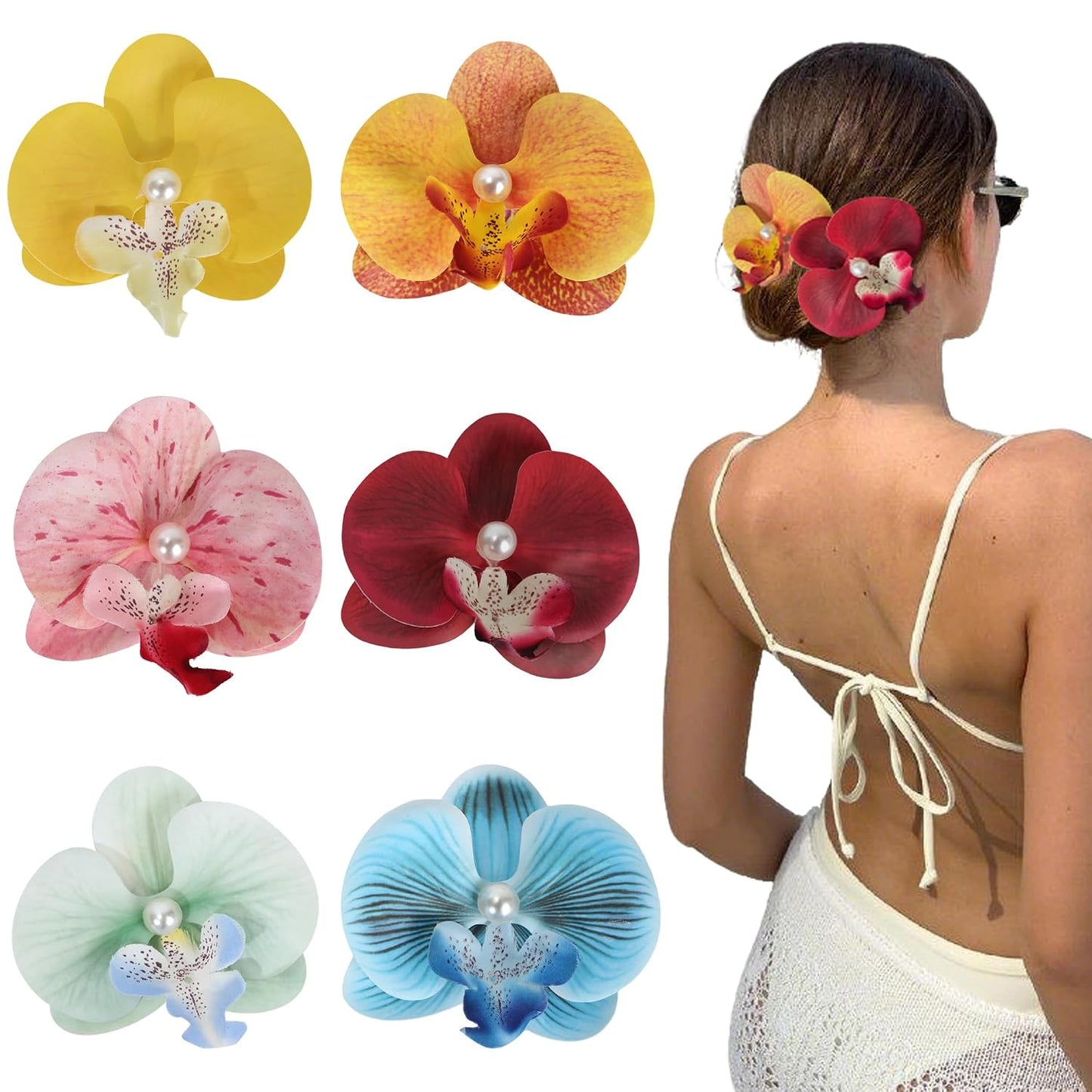 Flower Hair Clips - 6-Pack Hawaiian Tropical Silk Floral Hairpins for Women | Beach Wedding Accessories (Orange, Blue, Yellow)
