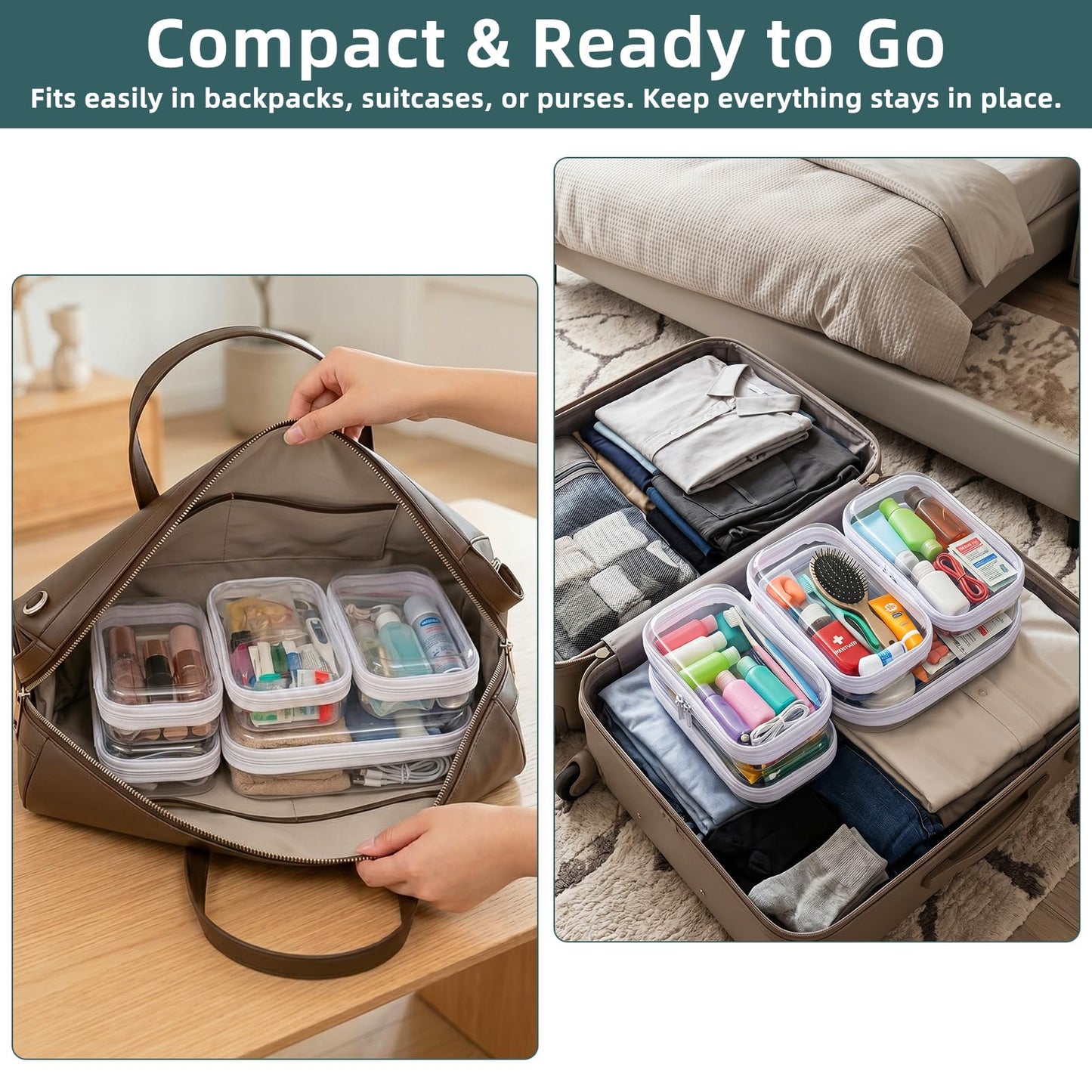 CarryEpic Clear Hard Shell Zipper Cases (5 Packs), Plastic Hard Sided Zippers Pouches Clear Hardshell Pencil Case For Storage, Diaper Bag Organizer Bliss Bins 4*Small/1*Medium