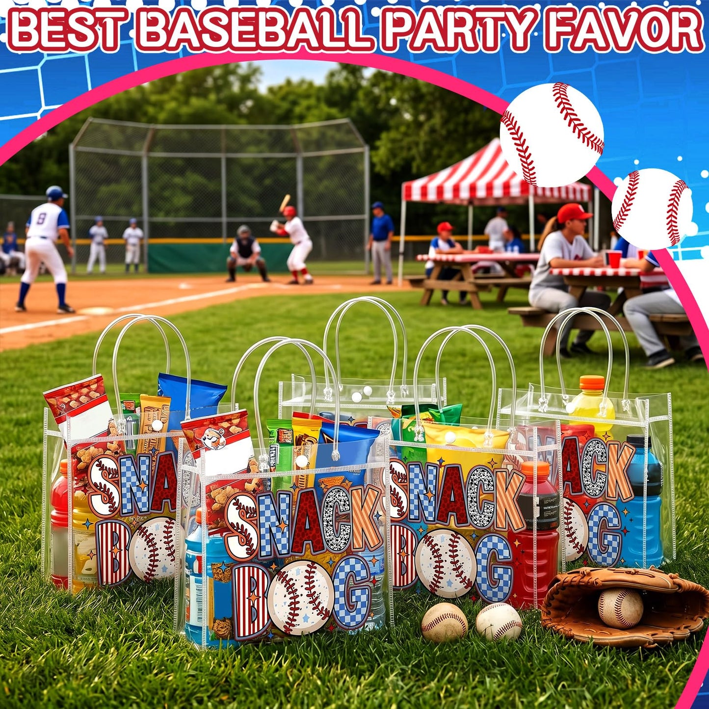 Wesnoy 20 Pcs Baseball Snack Bags with Handles Reusable Cool Baseball Goodie Bags for Team Candy Birthday Party Supplies 8 x 8 x 3.15''