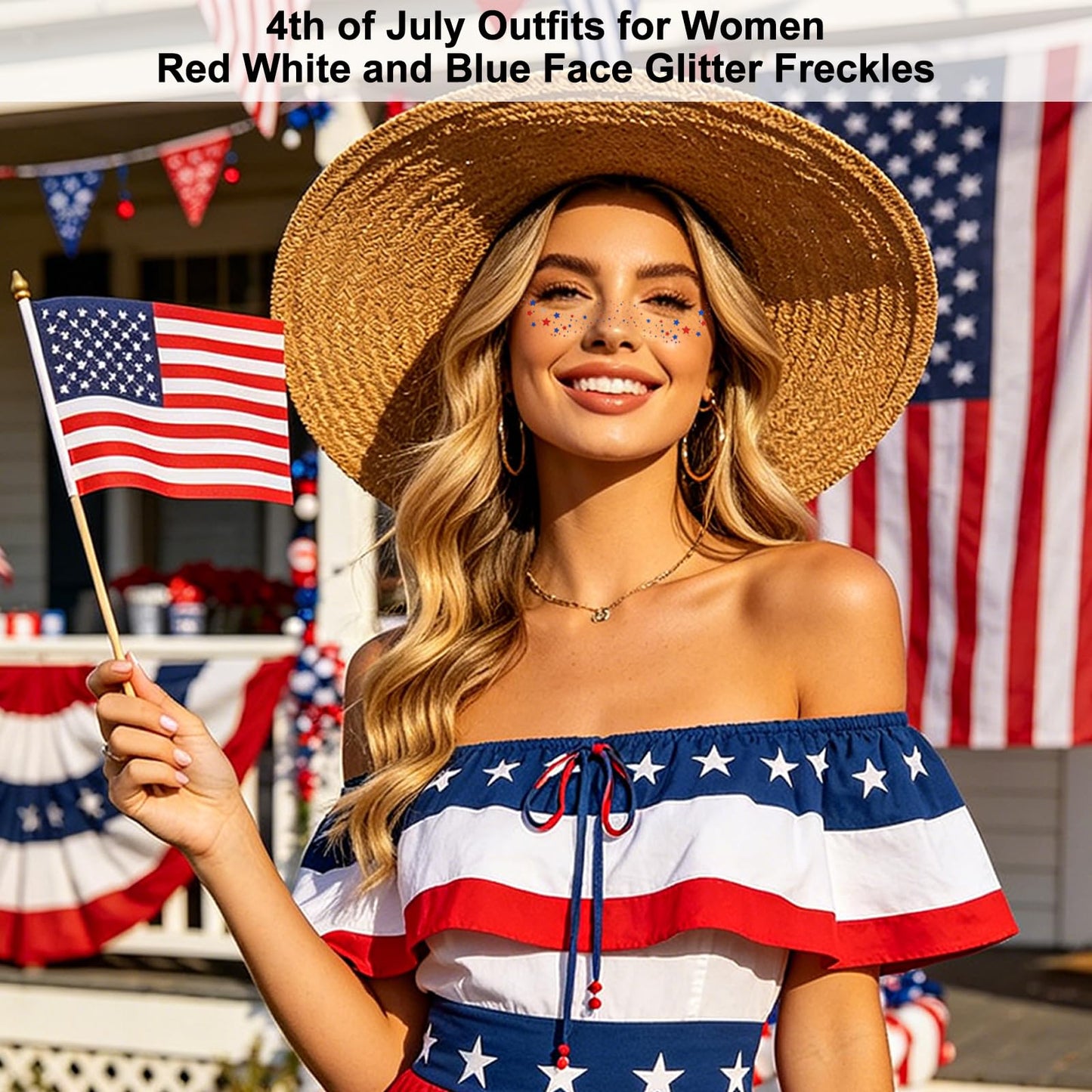 KALYFADIO 8Pcs 4th of July Face Tattoos,Red White and Blue Accessories,Glitter Freckles Face Tattoo,Patriotic Fourth of July Outfit for Women,USA Flag Star Freckles for Independence Day