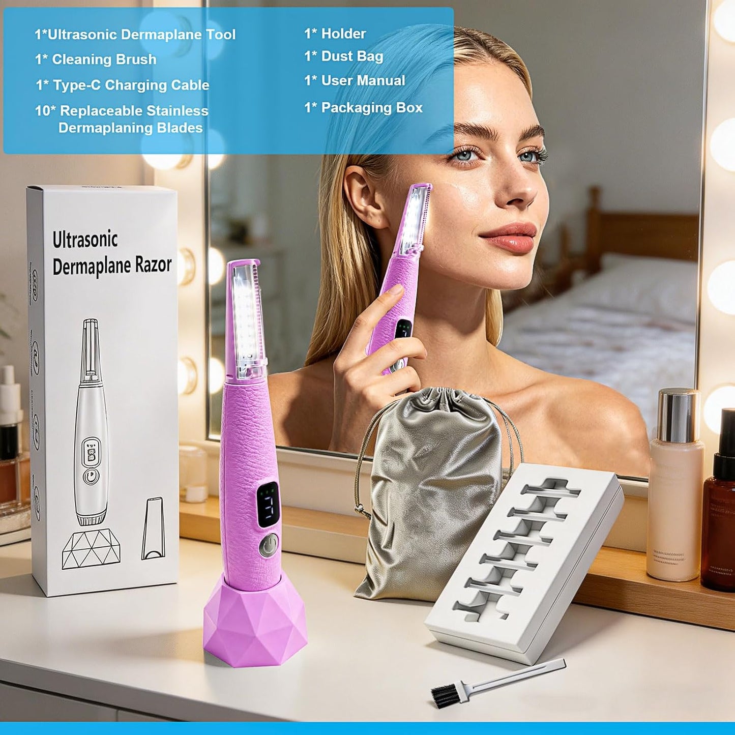 Sonic Dermaplane Razor - Rechargeable Face Exfoliation Tool with 12 Blades | LED, 3 Speeds, Pink