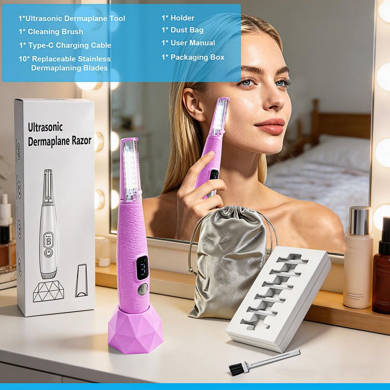 Sonic Smooth Dermaplane Razor for Women Face with 12 Refill Blades, Dermaplaning Tools for Peach Fuzz & Exfoliation, Eyebrow & Face Hair Remover,3 peeds,LED, Rechargeable Dermaplane Razor,Pink