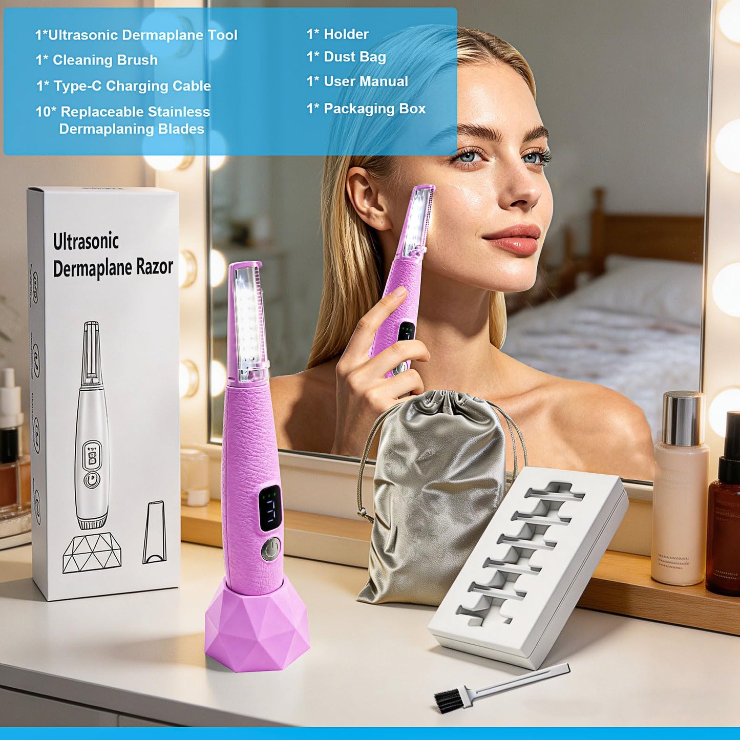 Dermaplane Razor for Women Face with 12 Refill Blades,Sonic Dermaplaning Tools for Peach Fuzz & Exfoliation, Eyebrow & Face Hair Remover,3 peeds,LED, Rechargeable Dermaplane Razor,Pink