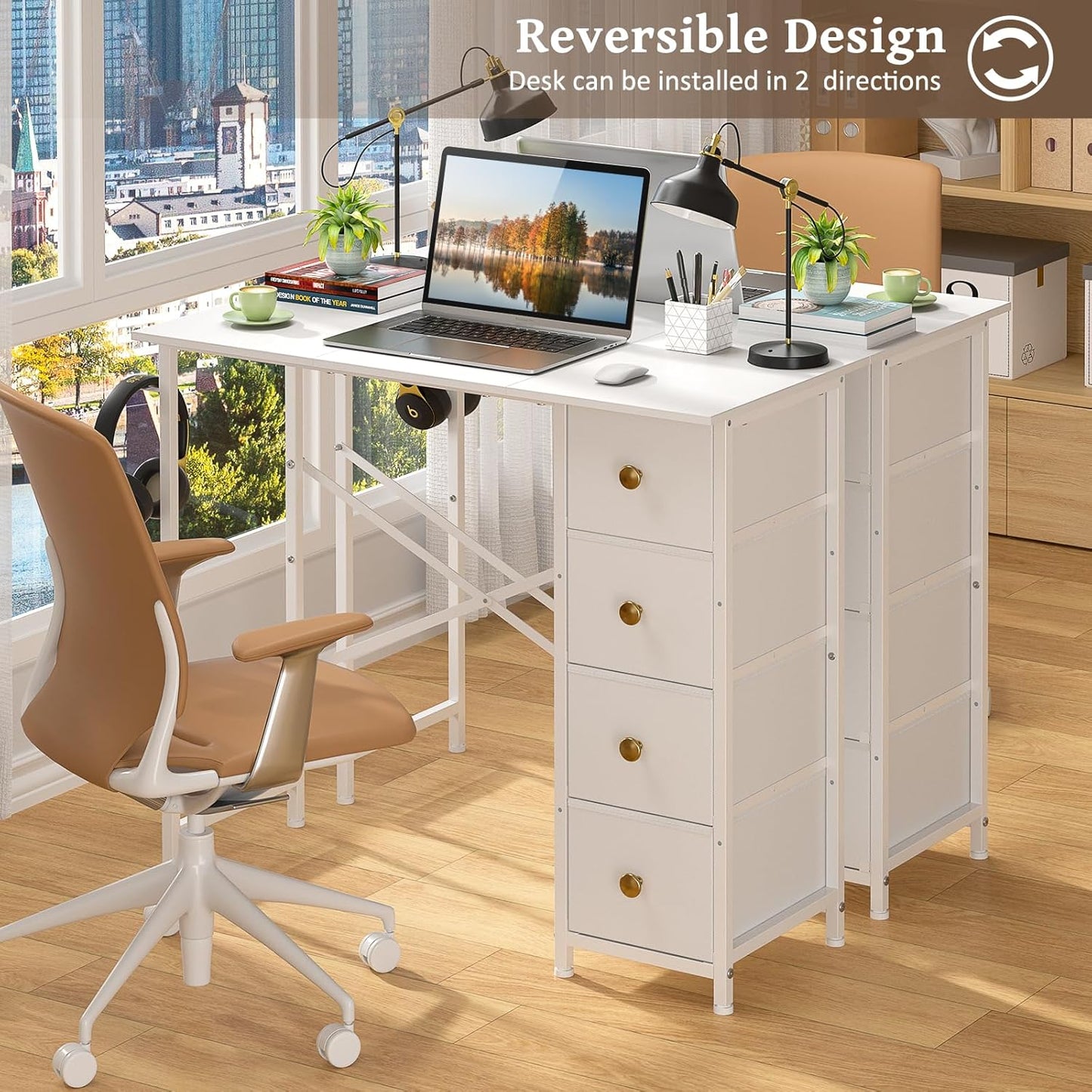 Small White Desk - 35.4 Inch Writing Desk with Drawers | Reversible Study Table for Kids & Teens
