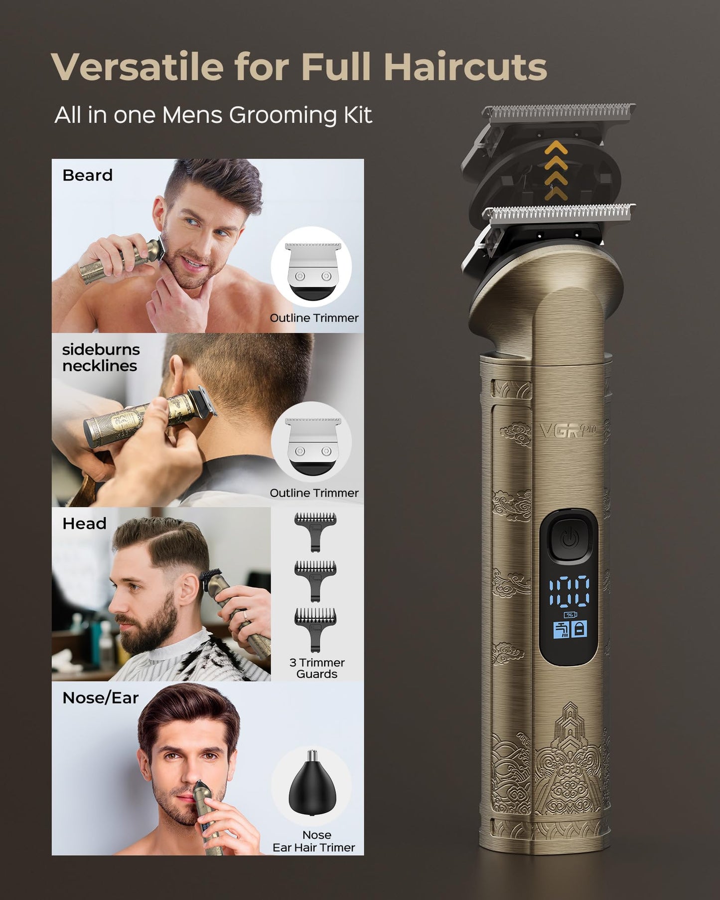 VGRPRO Hair Clipper & Trimmer Set for Men Professional, Waterproof Electric Razor Foil Shaver for Men Face Beard, Cordless for Hair Cutting, 4-Speed Setting, LED Battery Display, Barber or Home Use