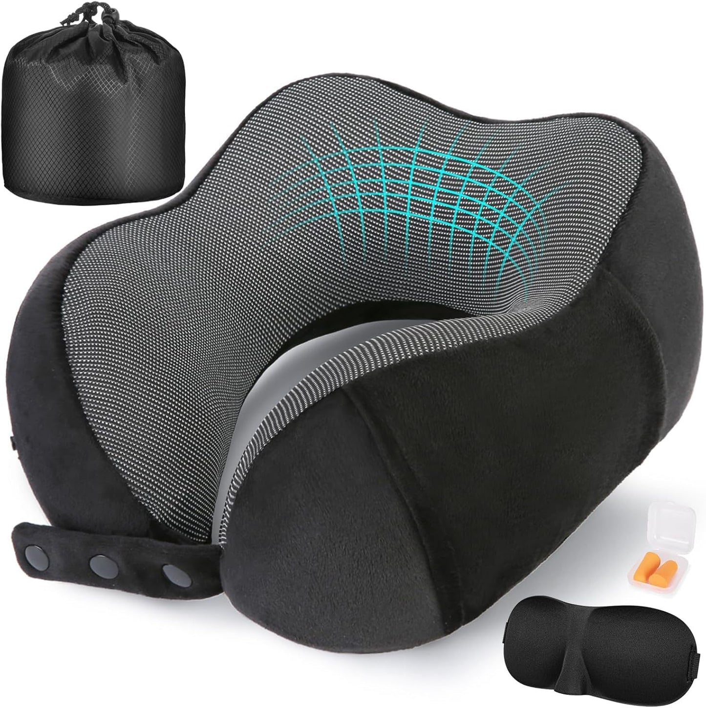 Travel Neck Pillow - 100% Pure Memory Foam with Eye Mask & Earplugs | Adjustable & Portable for Airplanes