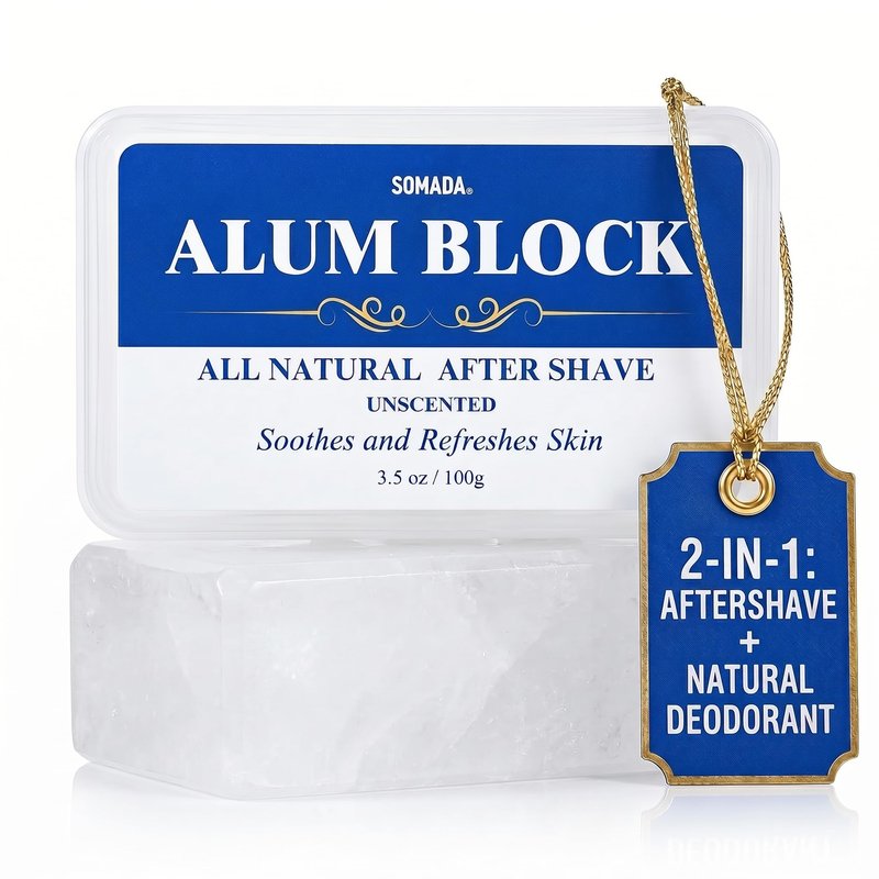 SOMADA Alum Block for Men – 3.5Oz/100g Natural Aftershave Stone, Potassium Alum Post-Shave Treatment, Soothes Razor Burn & Nicks, Astringent Skin Toner, Includes Travel Case. Styptic Natural Deodorant