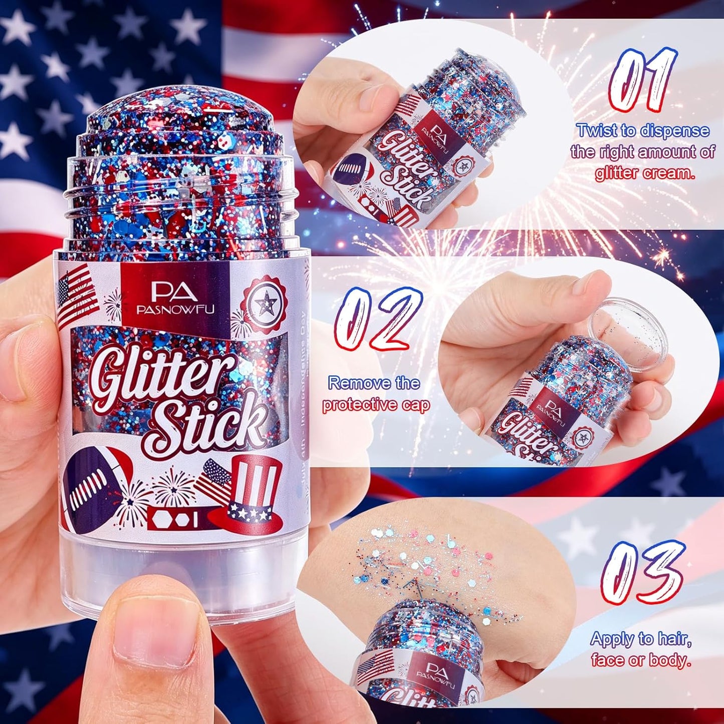 Patriotic Hair & Body Glitter Stick - Shimmer Red, White & Blue Glitter for 4th of July Makeup | Festival & Concert Accessories