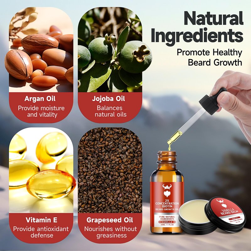 MistySprite Beard Growth Kit - 2X Concentration Biotin for Men, Natural Ingredients with Argan Oil, Jojoba Oil and Vitamin (Vanilla)