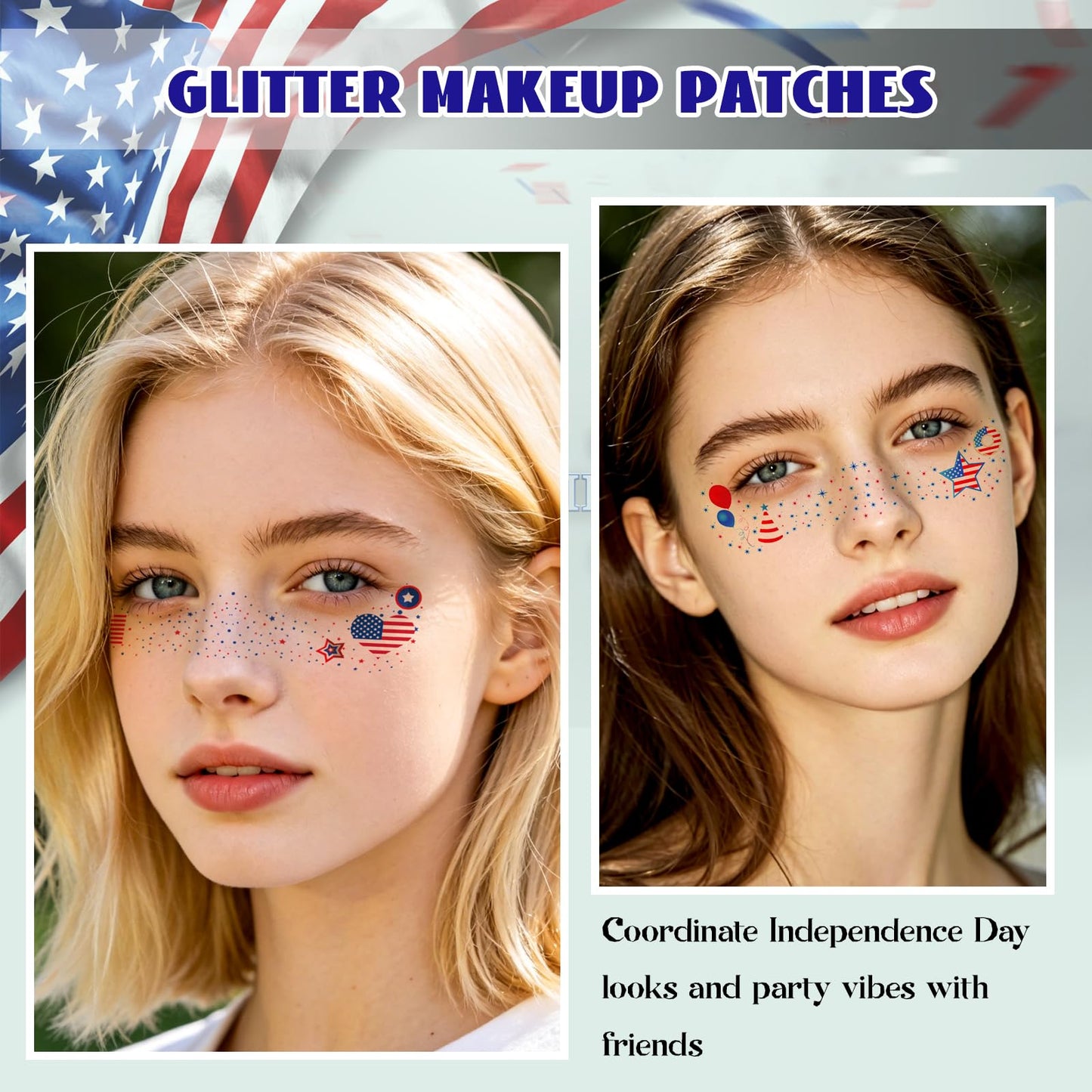 4th of July Glitter Freckles Face Tattoos, 18Pcs Independence Day Temporary Face Tattoos for Women and Girls, Patriotic Red White Blue Makeup Stickers for Memorial Day, Festival Party Decorations