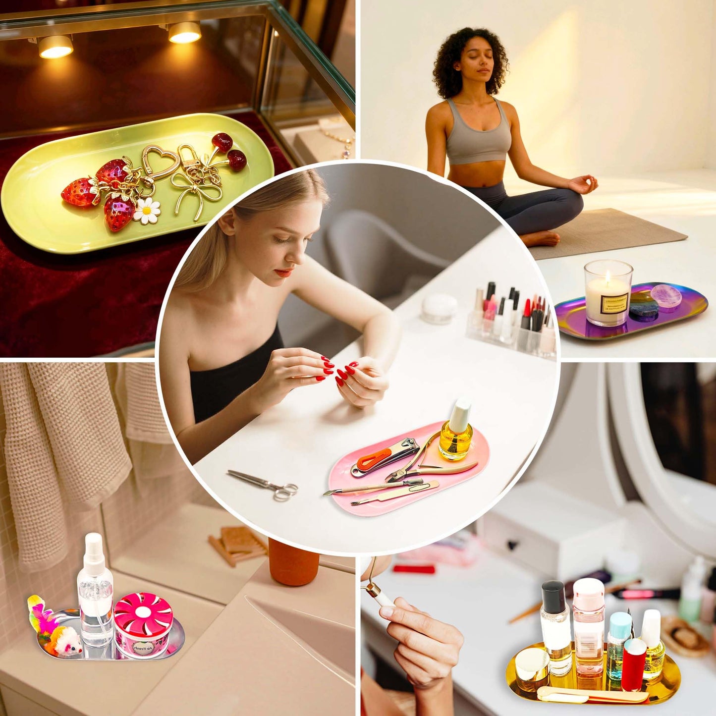 cgllwnmix Nail Tray Pink Manicure Tool Tray Display Nail Art Dish Storage Oval Manicure Tray Jewelry Rhinestone Cosmetics Organizer Decorative Small Storage Plate