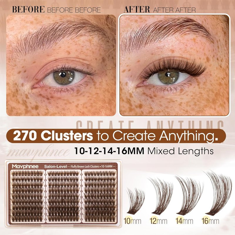 Brown Lash Clusters - Natural Fluffy Dark Brown Eyelash Extensions | Tear-Resistant Band & CC Curl, 10-16MM, 270Pcs for Effortless Everyday Look