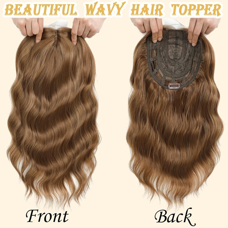 16 Inch Hair Topper for Women - Synthetic Curly Clip-In with Curtain Bangs | Honey Brown Volume Boost