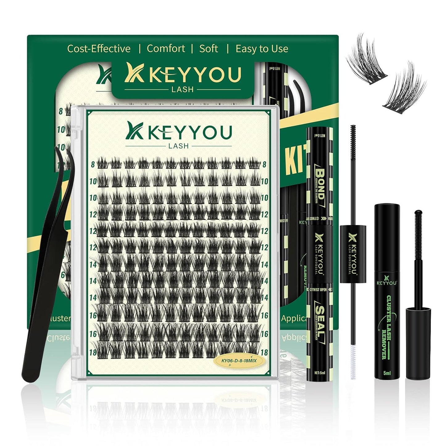 KEYYOU 3D Eyelash Clusters - 280pcs Wispy Volume Lashes | 80D D Curl, 9-18mm Mix