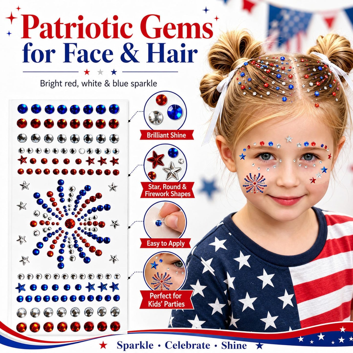 Go Ho 4th of July Star Face Hair Gems,Red White and Blue Patriotic Fireworks-Shaped Rhinestone Stickers,Self-Adhesive Glitter Crystal Gems,Festival Accessories for Women Kids on Independence Day