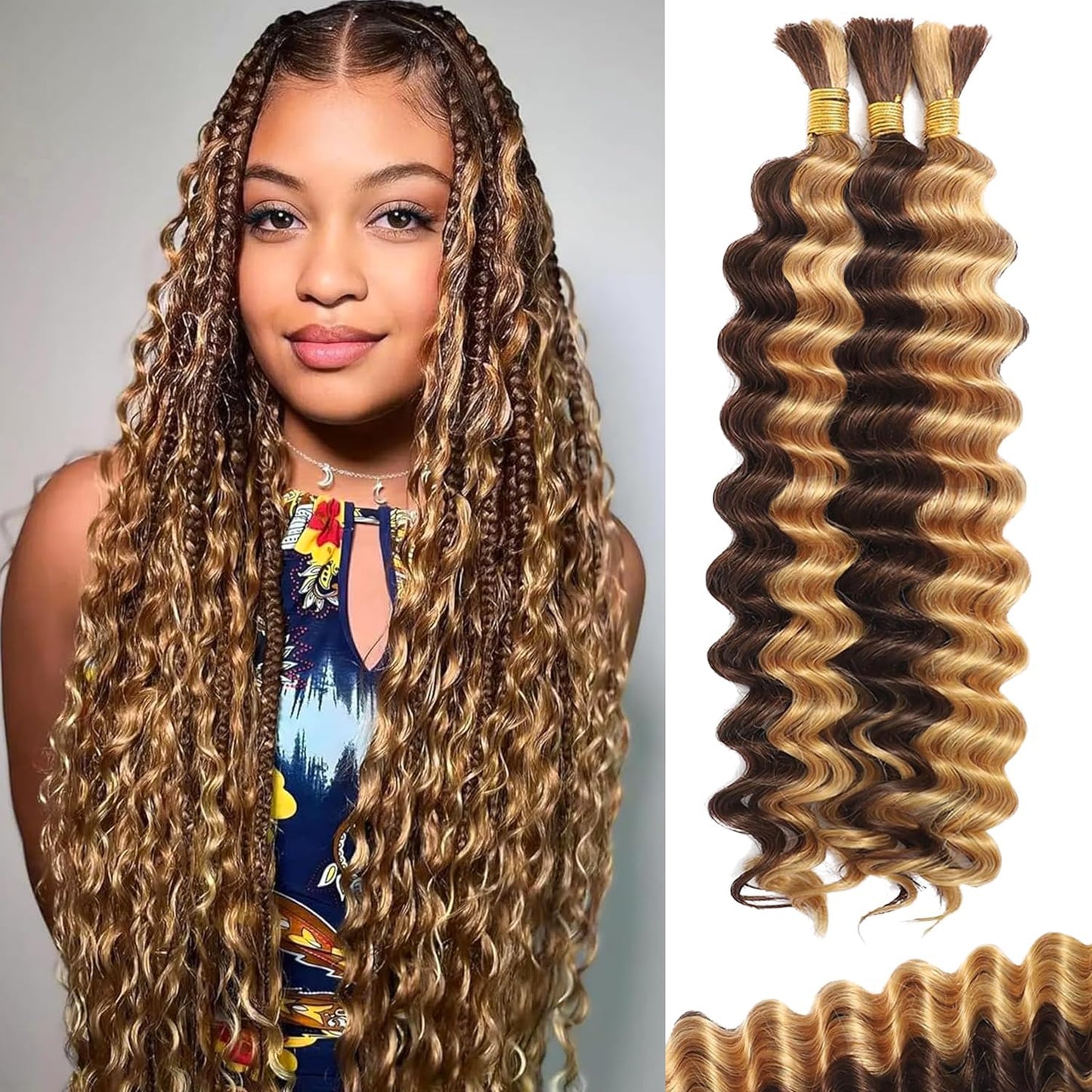 Bizvus 22inch Human Braiding Hair for Boho Braids 110g Deep Wave Boho Bulk Human Hair for Braiding Knotless 12A Wet and Wavy Bulk Bohemian Curly 3 Bundles/Pack #4/27 Ombre Balayage Color