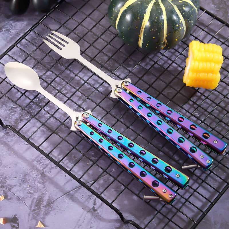 Flutesan 2 Pcs Butterfly Fork and Spoon Set, Tactical Butterfly Spoon Folding Stainless Steel Spork Utensil Set Balisong Trainer for Travel Camping Hunting BBQ Kitchen(Colorful)