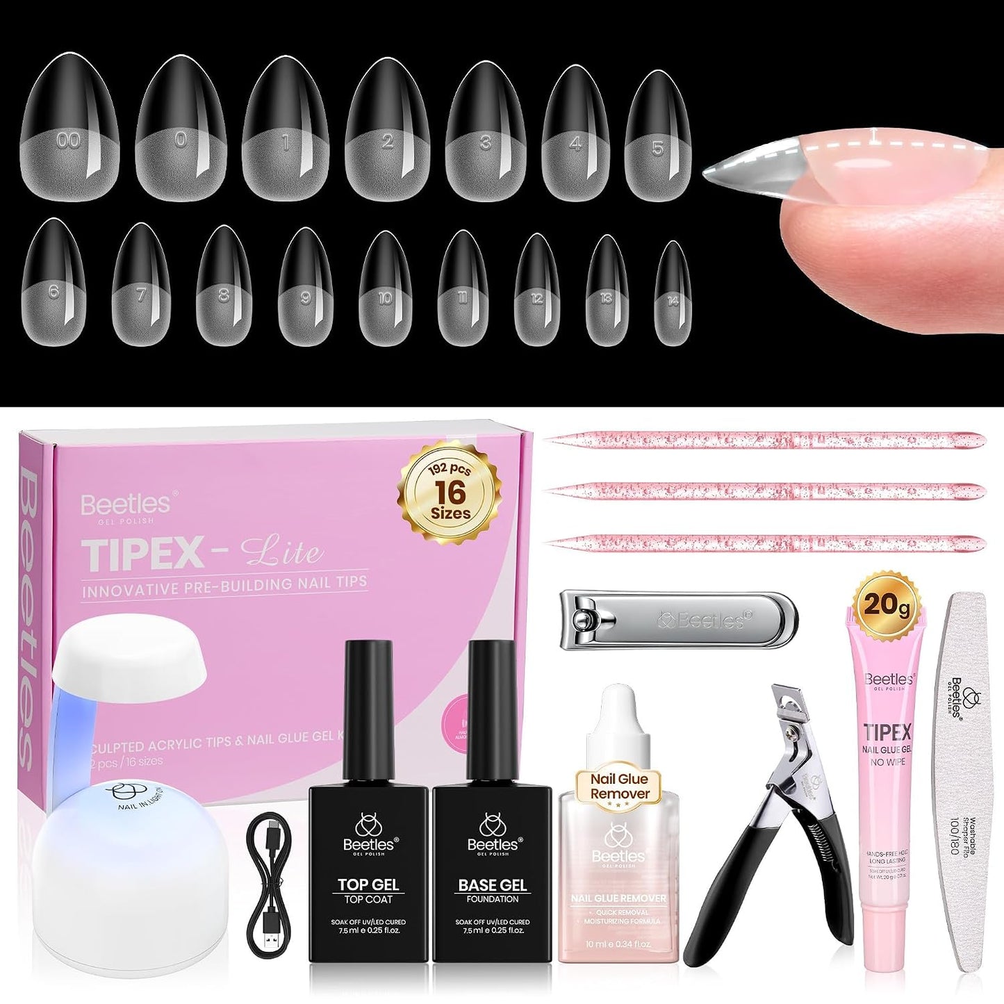Beetles Tipex Lite Kit - All-in-One DIY Nail Art Set with Mini UV Lamp, 256PCS, Short Almond, 16 Sizes