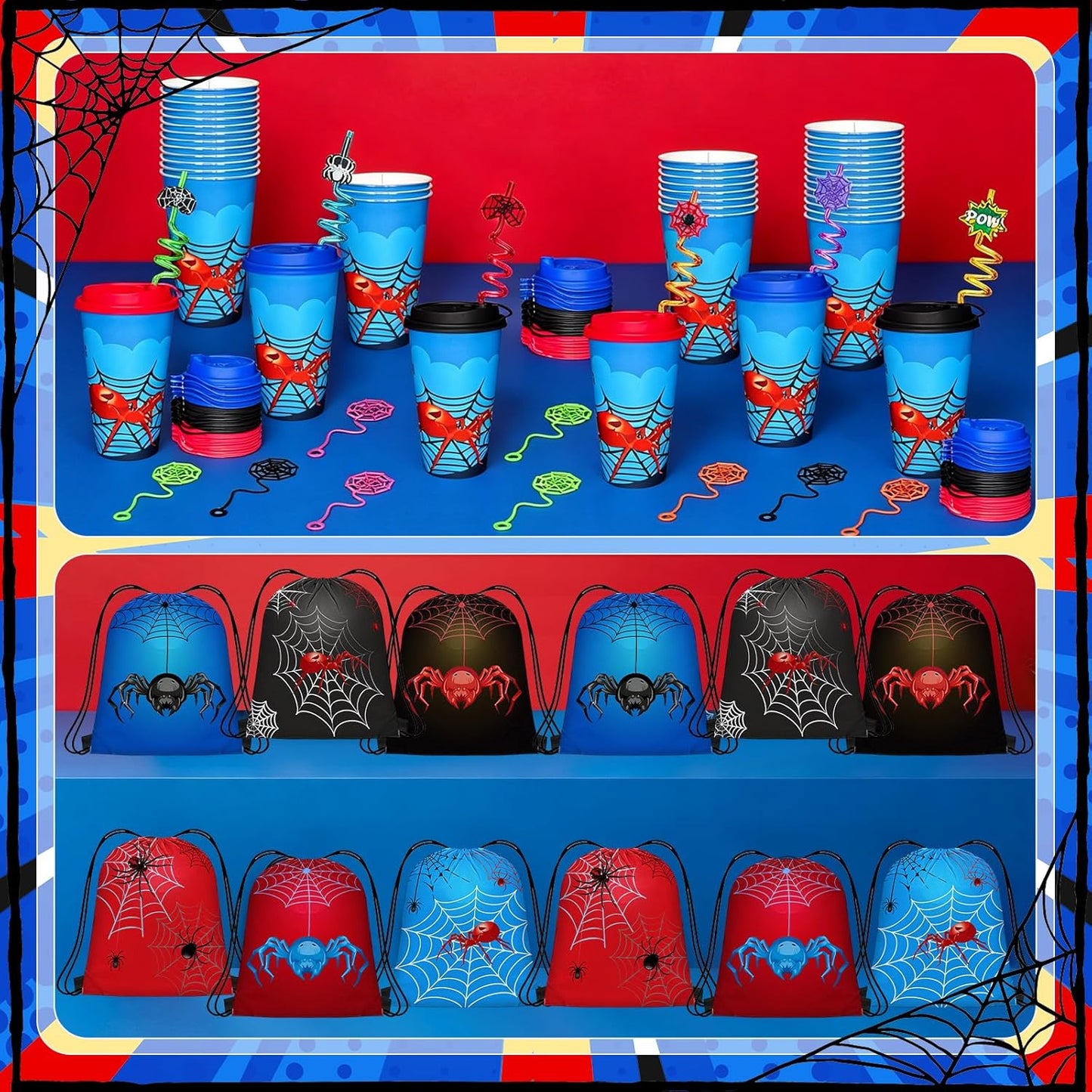 Spider Party Favors - 72 Pcs Birthday Supplies with Goodie Bags, Straws, Cups & Sticky Webs | Fun for Kids' Parties