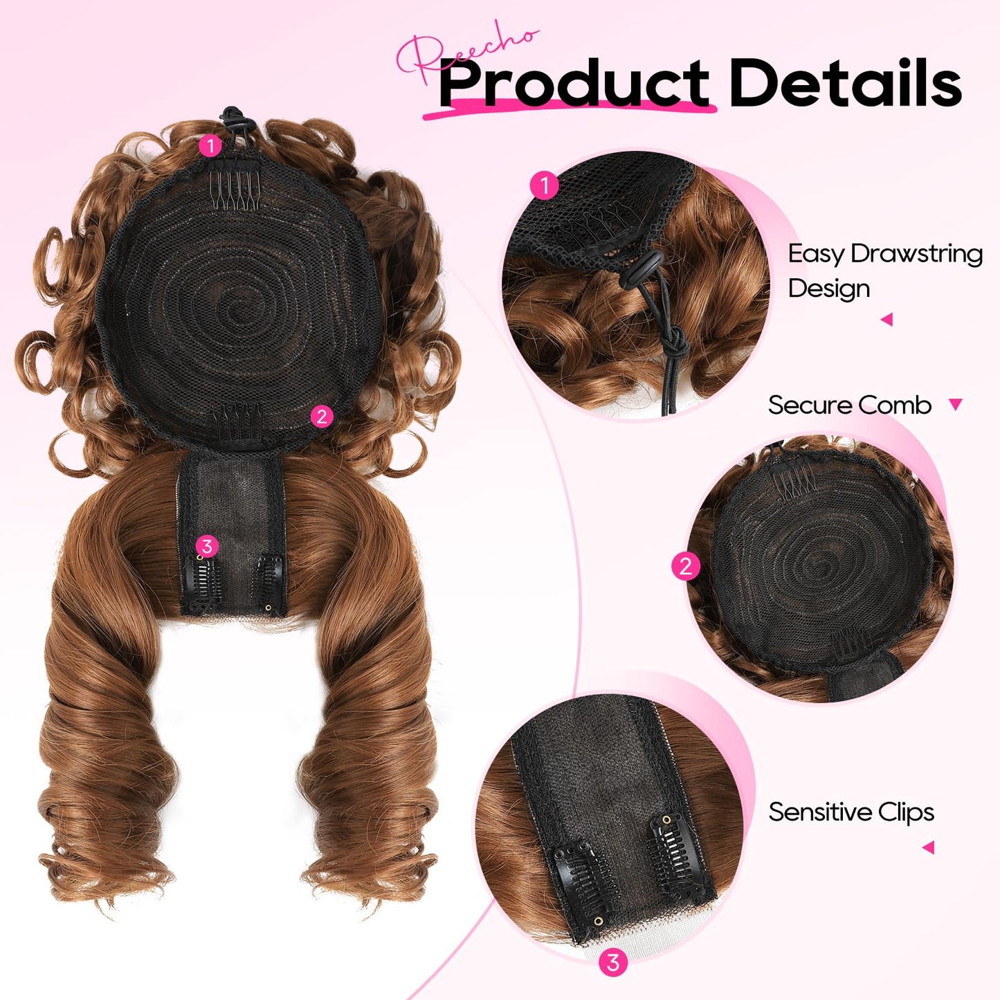 REECHO Messy Bun Hair Piece with Bangs - 2-in-1 Hair Bun Hairpieces Curly Updo Wig & Hair Topper with Long Side Bangs Natural-Looking Drawstring Ponytail Extension for Women