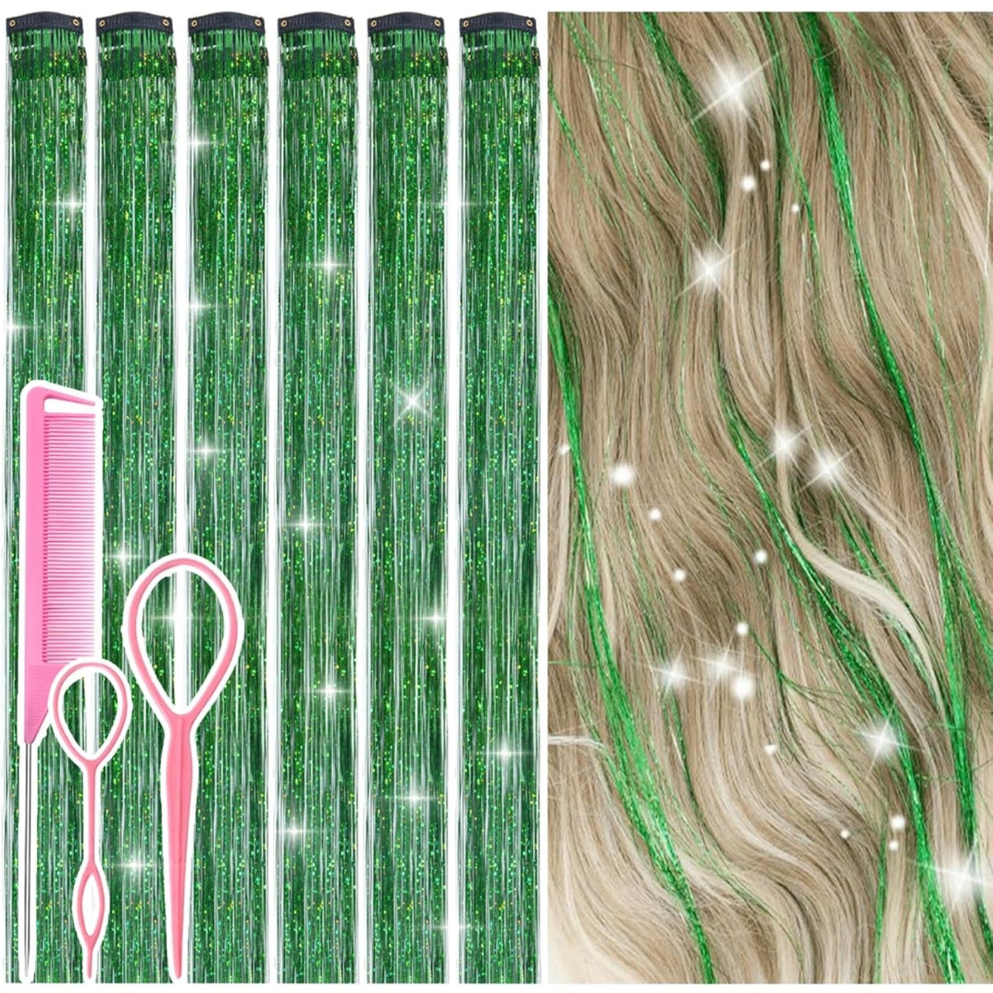 Hair Tinsel Kit - 12 Pcs Colorful Glitter Clip-In Extensions | 24 Inch for Girls, Women & Kids
