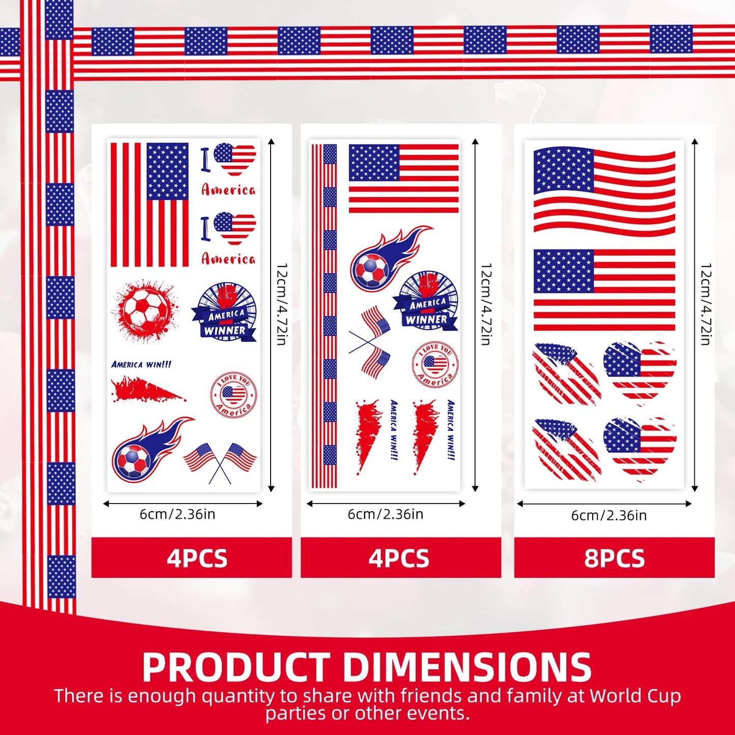 2026 World Cupfor Temporary Tattoos & St Patrick's Day Tattoos, 16PCS 12CM×6CM National Flag Stickers for Fans (United States)