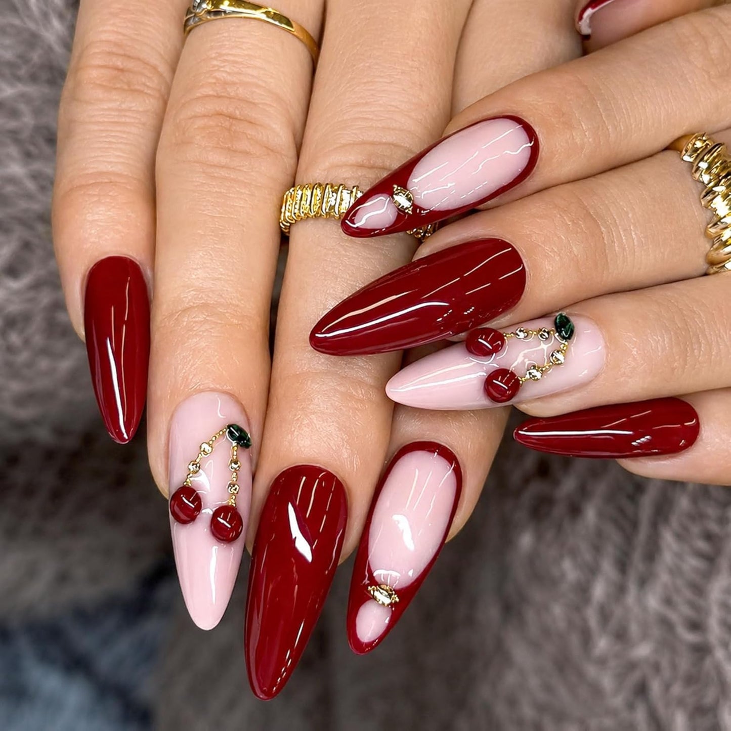 Almond Press-On Nails - Ombre French Tip with Butterfly Designs | 24 Pcs Set for Women