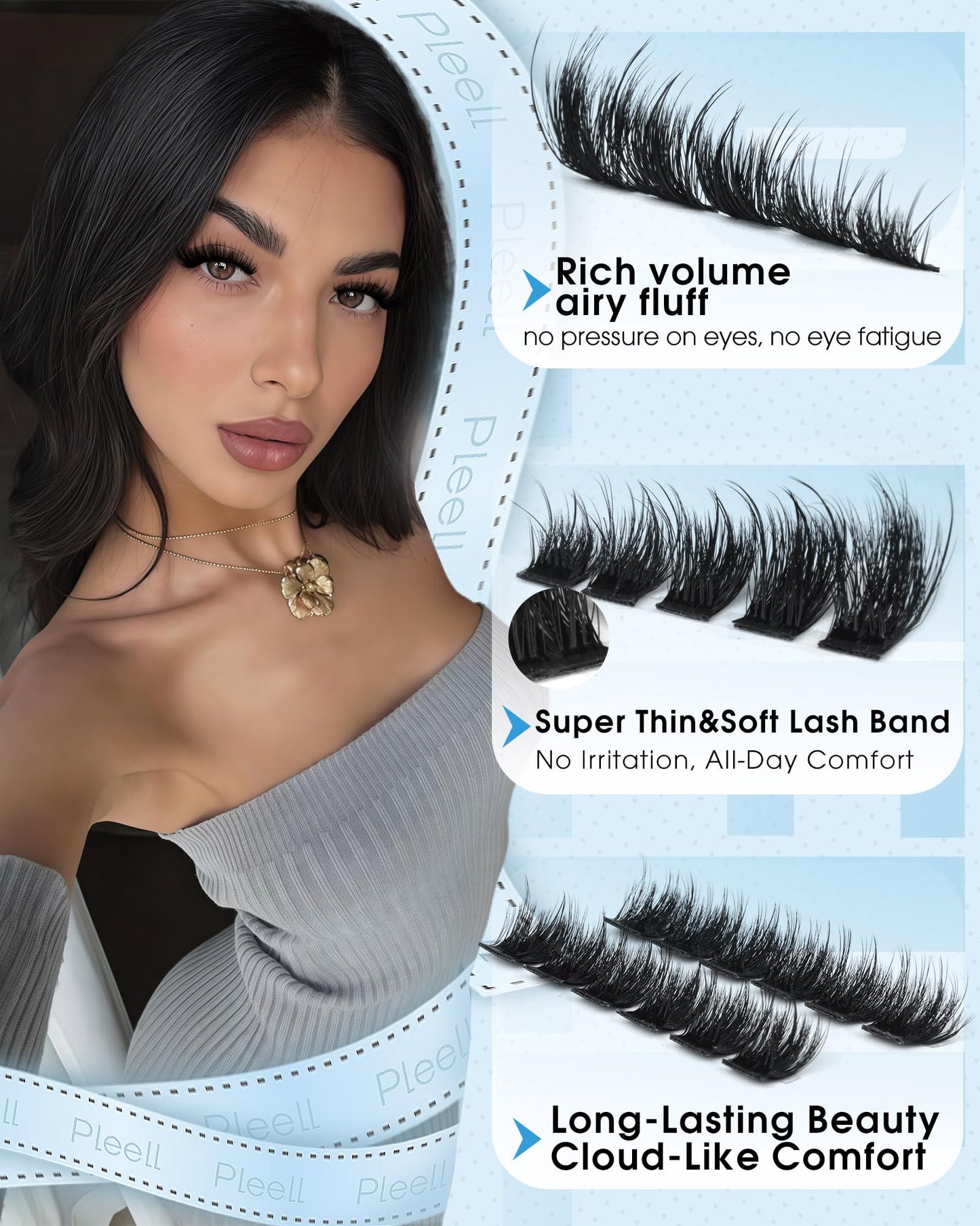 Fluffy Lash Clusters Wispy Eyelash Clusters 10-18mm DIY Cluster Eyelash Extensions D Curl Fairy Lashes Clusters Volume Individual Lashes with Wide Band by Pleell