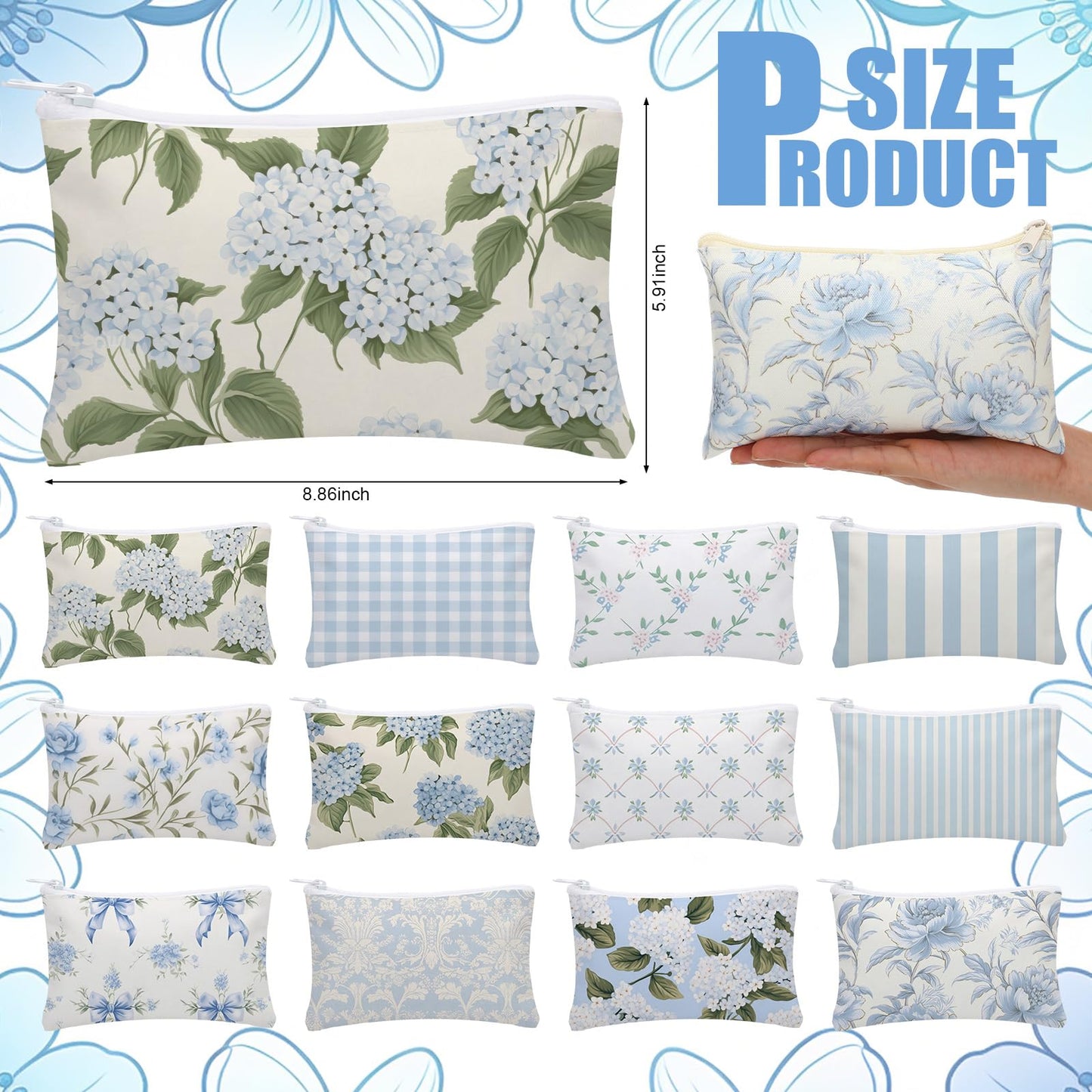 Kacctyen 12 Pcs Hydrangea Bow Makeup Bags Bulk for Women Blue Coquette Aesthetic Preppy Cosmetic Bags Bow Floral Canvas Toiletry Bag for Travel Makeup Zipper Pouches