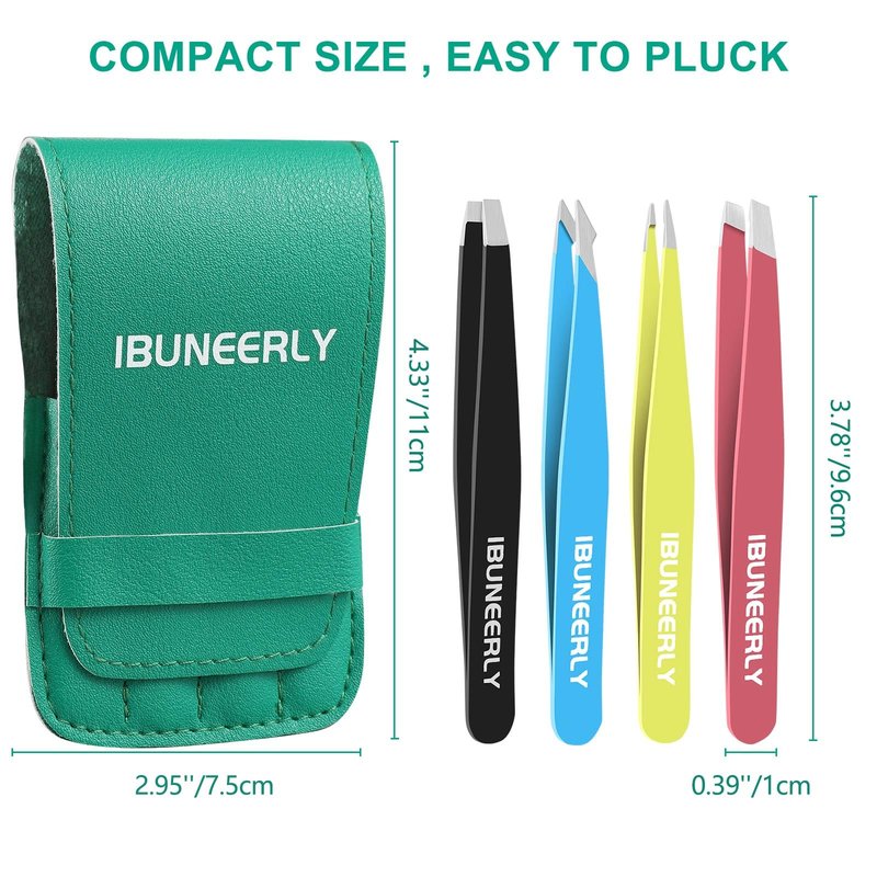 iBuneerly Eyebrows Tweezers Set, 4Pcs Stainless Steel Tweezers for Women with Travel Case, Great Precision for Ingrown Hair, Facial Hair and Splinter Removal