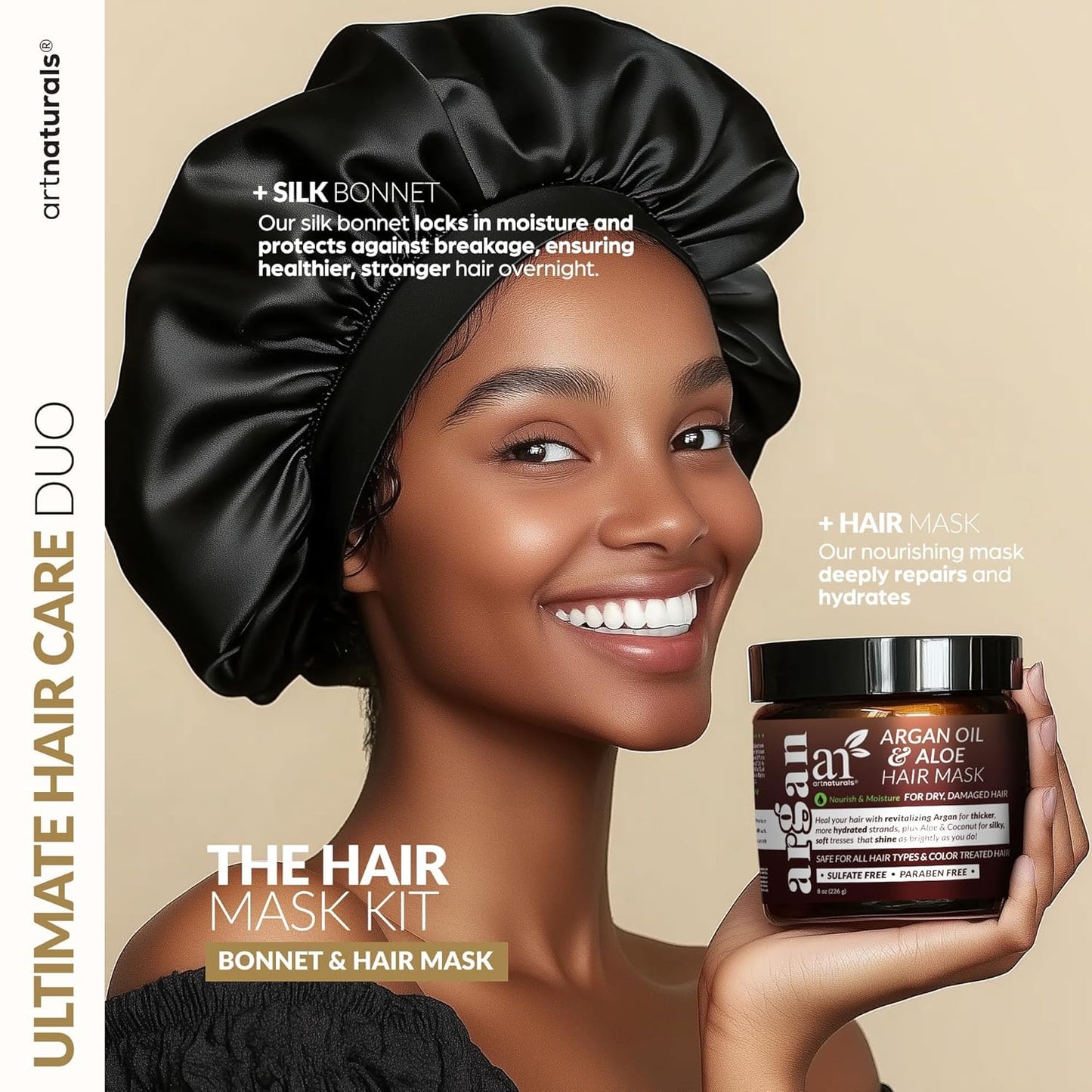 ArtNaturals 2-Step Deep Repair Hair Mask - Intensive Argan Oil Treatment for Damaged & Color-Treated Hair | 8 oz with Silk Bonnet
