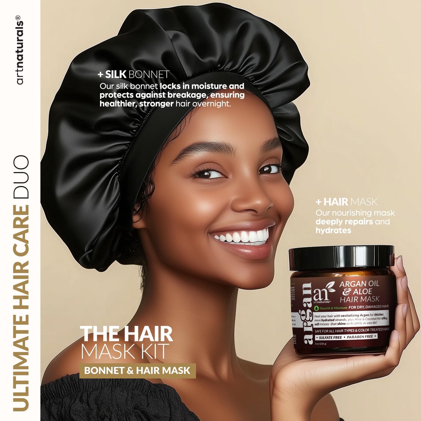 ArtNaturals 2-Step Deep Repair Hair Mask for Damaged Hair - Intensive Treatment for Dry, Damaged & Color-Treated Hair - Argan oil Deep Conditioner w/ Silk Bonnet to Drive Deeper Penetration 8 oz
